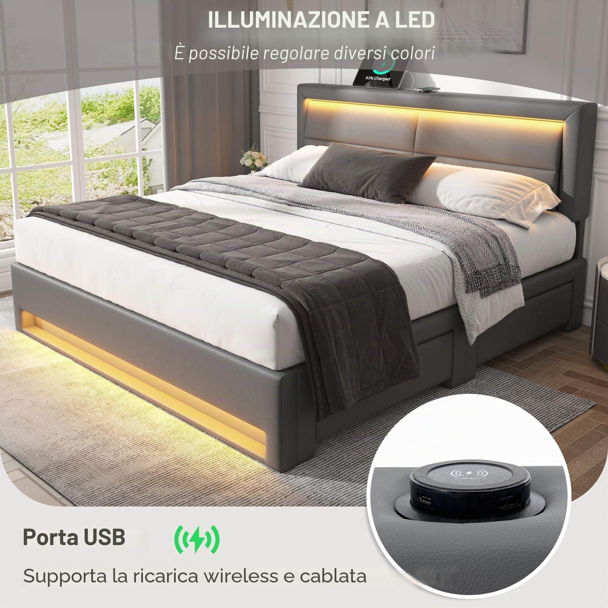 Letto Matrimoniale con Contenitore 140x190 cm con LED e USB (Supportato Senza Fili), Letto una piazza e mezza con 4 Cassetti e Testiera, Letto Contenitore con rete a doghe, Struttura Letto -Nero