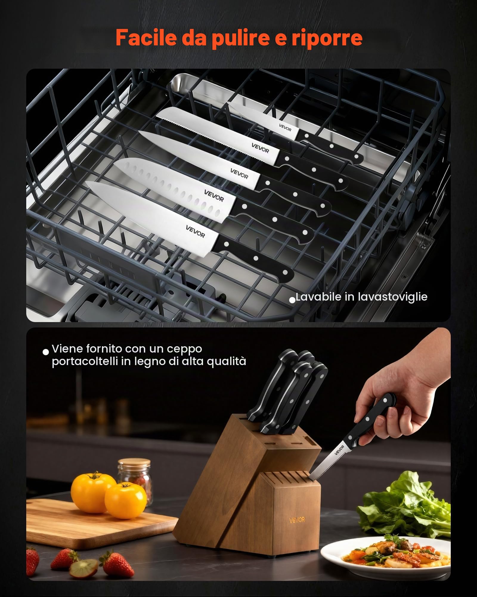 VEVOR Set di Coltelli da Cucina con Ceppo Portacoltelli Legno di Gomma e Acciaino da 15 Pezzi in Acciaio Inossidabile ad Alto Tenore di Carbonio, Coltello da Cucina con Impugnatura Ergonomica in ABS