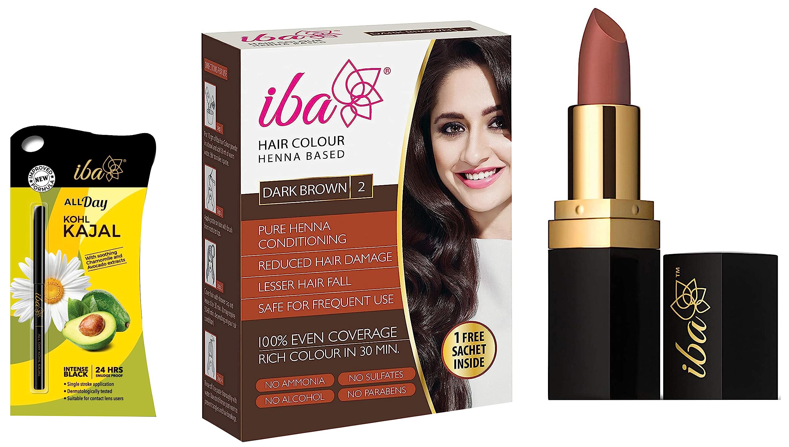 Iba Halal Care Pure Lips Long Stay Matte Lipstick M15, Cinnamon Chai, 4g & Hair Color Free Sachet, Dark Brown, 70 gr & All Day Kohl Kajal, Jet Black, 0.35g-image-18