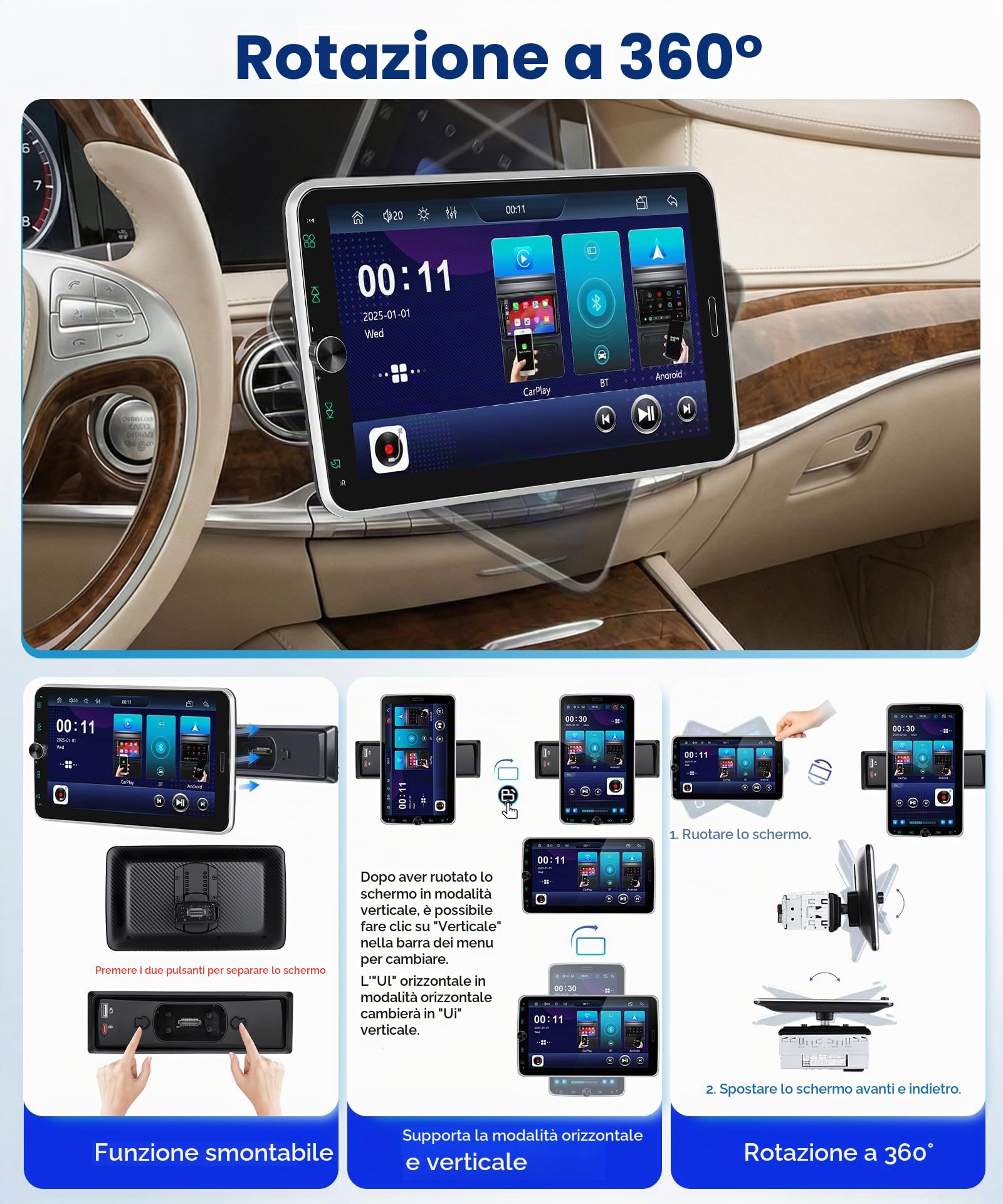 Hodozzy 1 Din RDS Stereo Auto con Schermo Rimovibile e Girevole IPS da 10,1" con USB Tipo C, Wireless CarPlay e Android Auto Autoradio con Bluetooth 5.2/EQ/SWC + Telecamera Posteriore