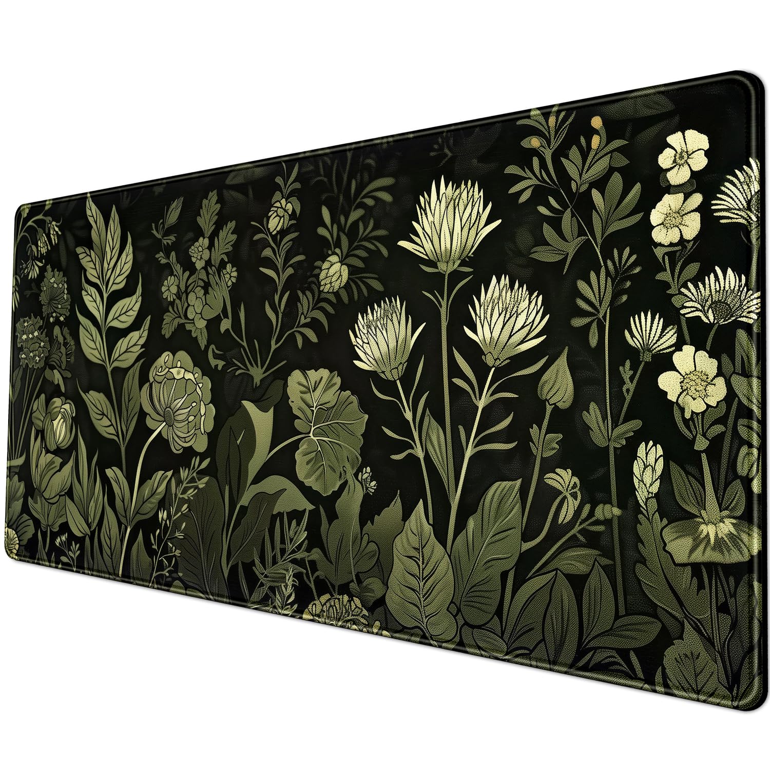 Sage Green Floral Black Plant Desk Pad Retro Aesthetics Mouse Pad Large Gaming Mouse Mat for Office Computer Keyboard Laptop Home with Stitched Edges,Non-Slip Base 31.5 X 11.8 in