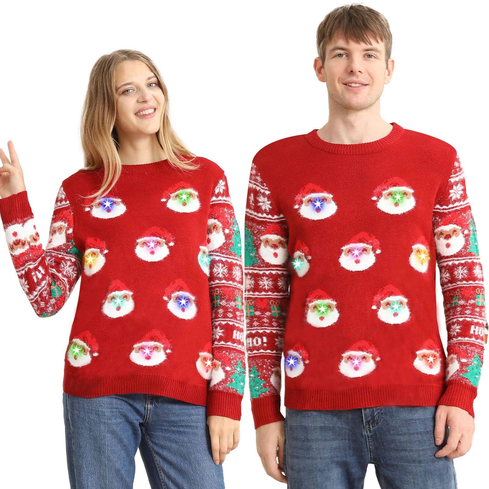 Kouric Maglione Natalizio Luci Coppia, Maglioni Natalizi Famiglia Ugly Christmas Sweater con a LED, Divertenti Maglione Natale Illumina Manica Lunga Brutti per Donna/Uomo/Famiglia