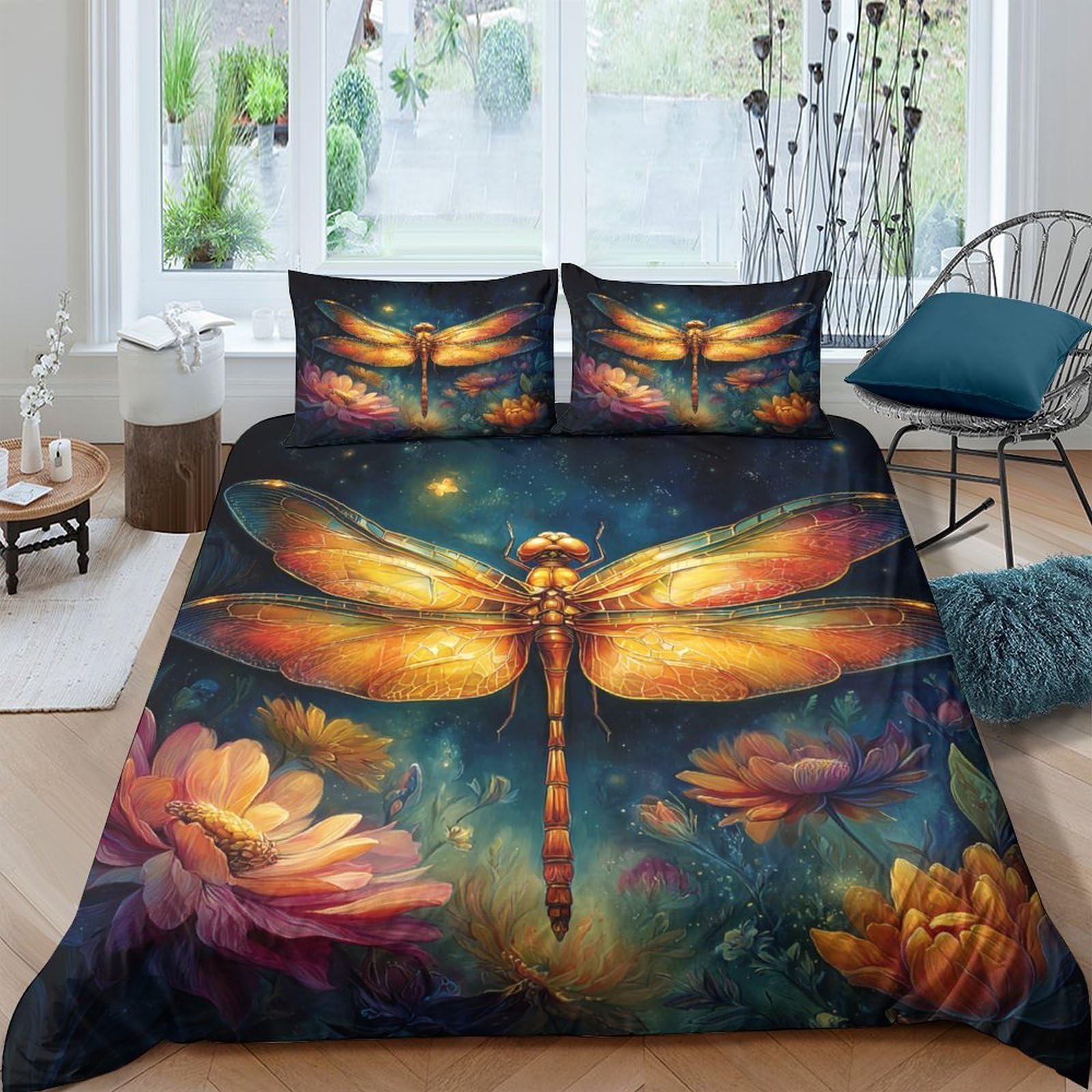 Ctjqhvkz Style-2 3D Printed Golden Dragonfly Fitted Sheet Microfiber Vibrant Floral Bed Cover For Bedroom Guest Room Decor Protection Single（135X200cm）