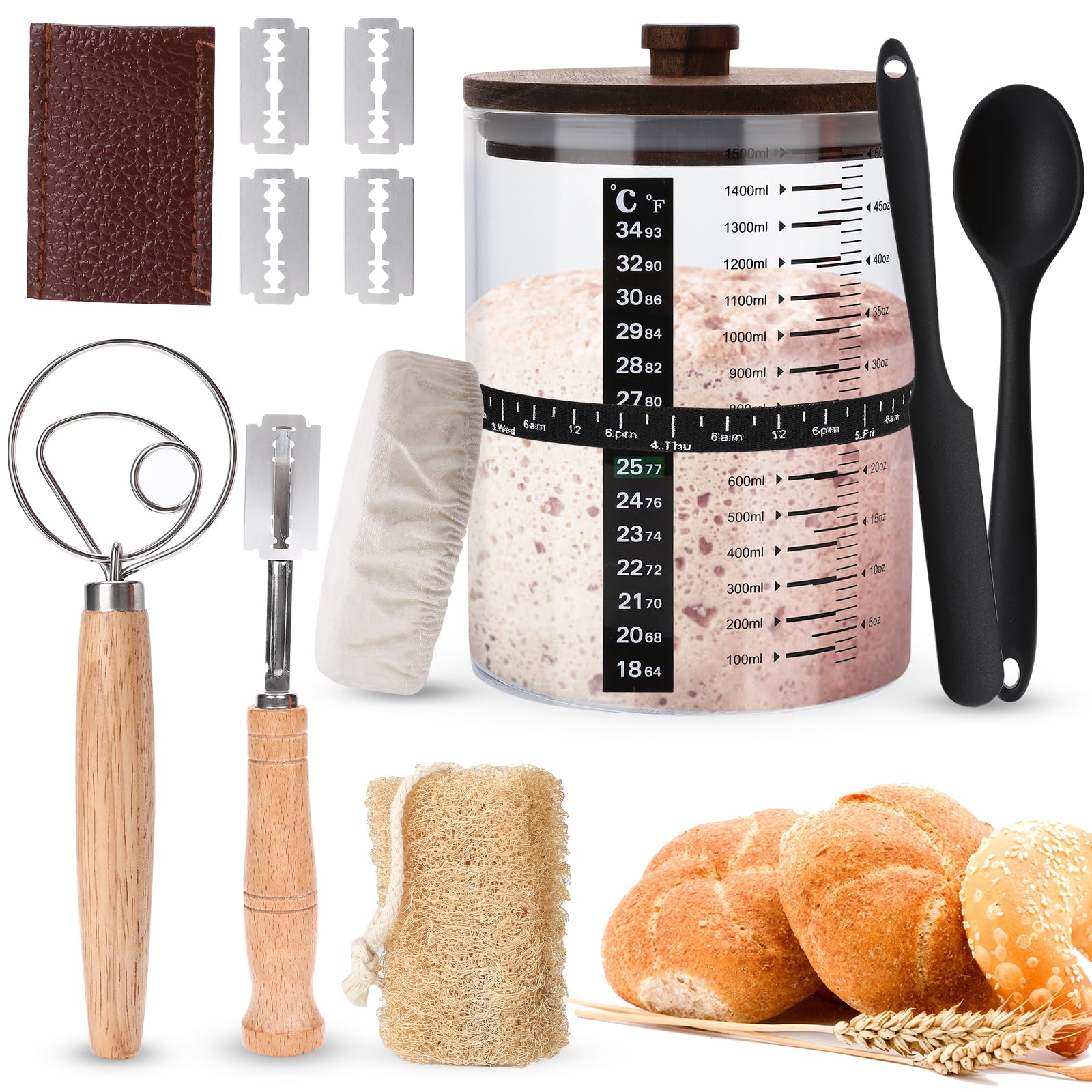 DoughCraft Sauerteig-Kit – 7-teiliges Starter-Set Mit Banneton-Korb & Spülmaschinenfestem Brotbackzubehör Für Anfänger & Profis