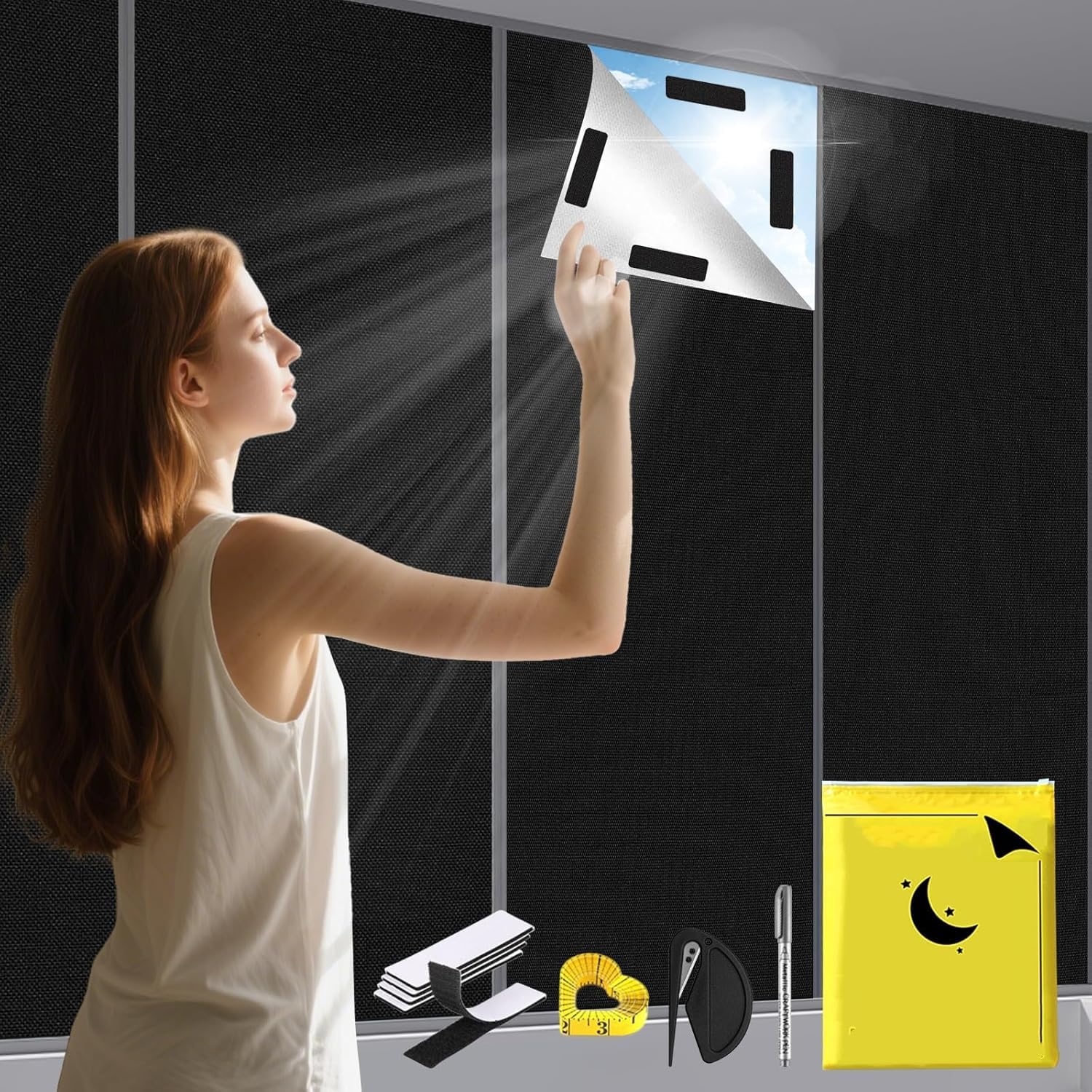 Portable 100% Blackout Blind, 300×145cm Blackout Blinds Stick on, Suitable for Cutting Any Size & Shape, Temporary Window Blackout Curtains No Drilling for Bedroom Nursery Loft RV Car (Black)