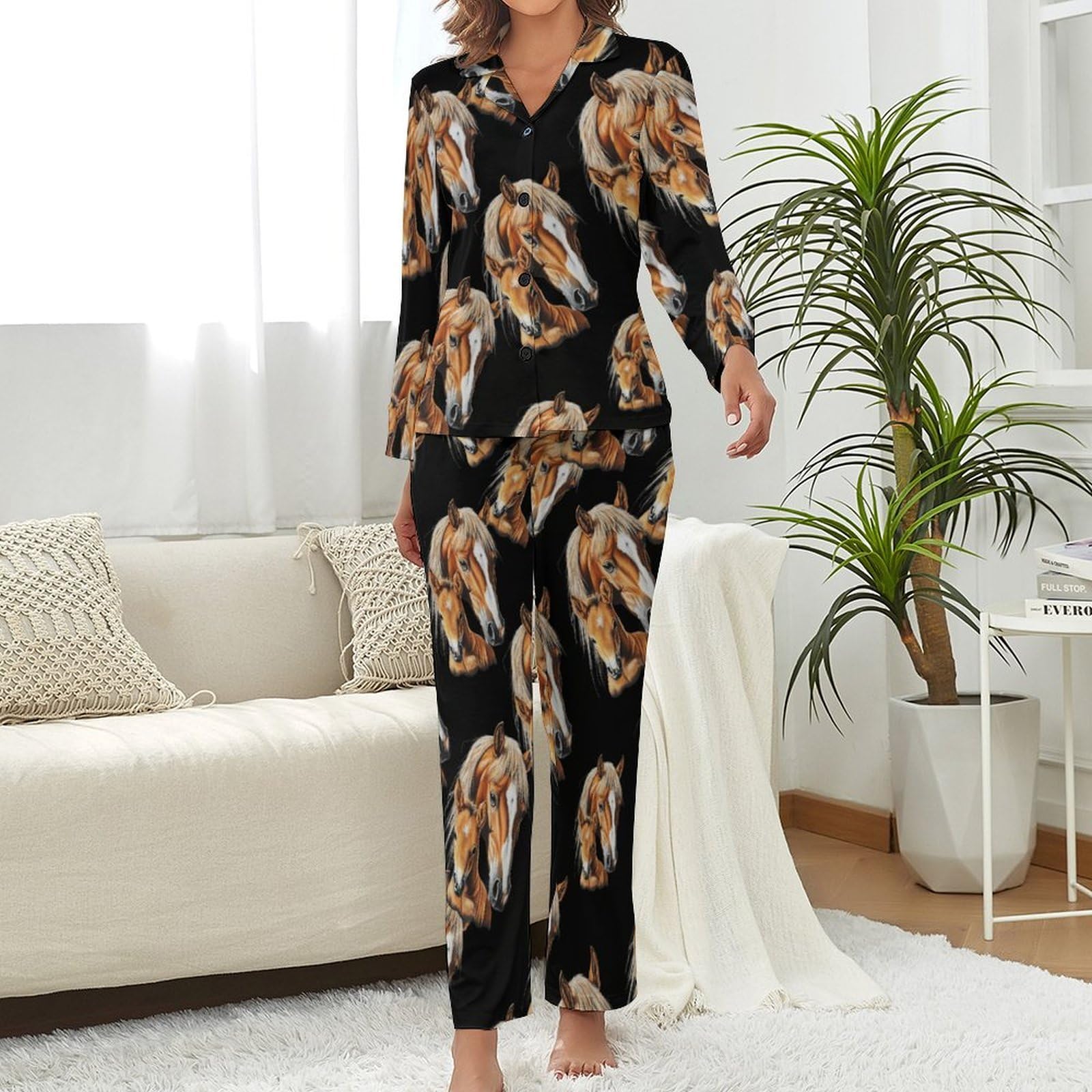 Horse Mama And Little - Conjunto de pijama elegante para mujer, manga larga, botones y pantalones, ropa de descanso
