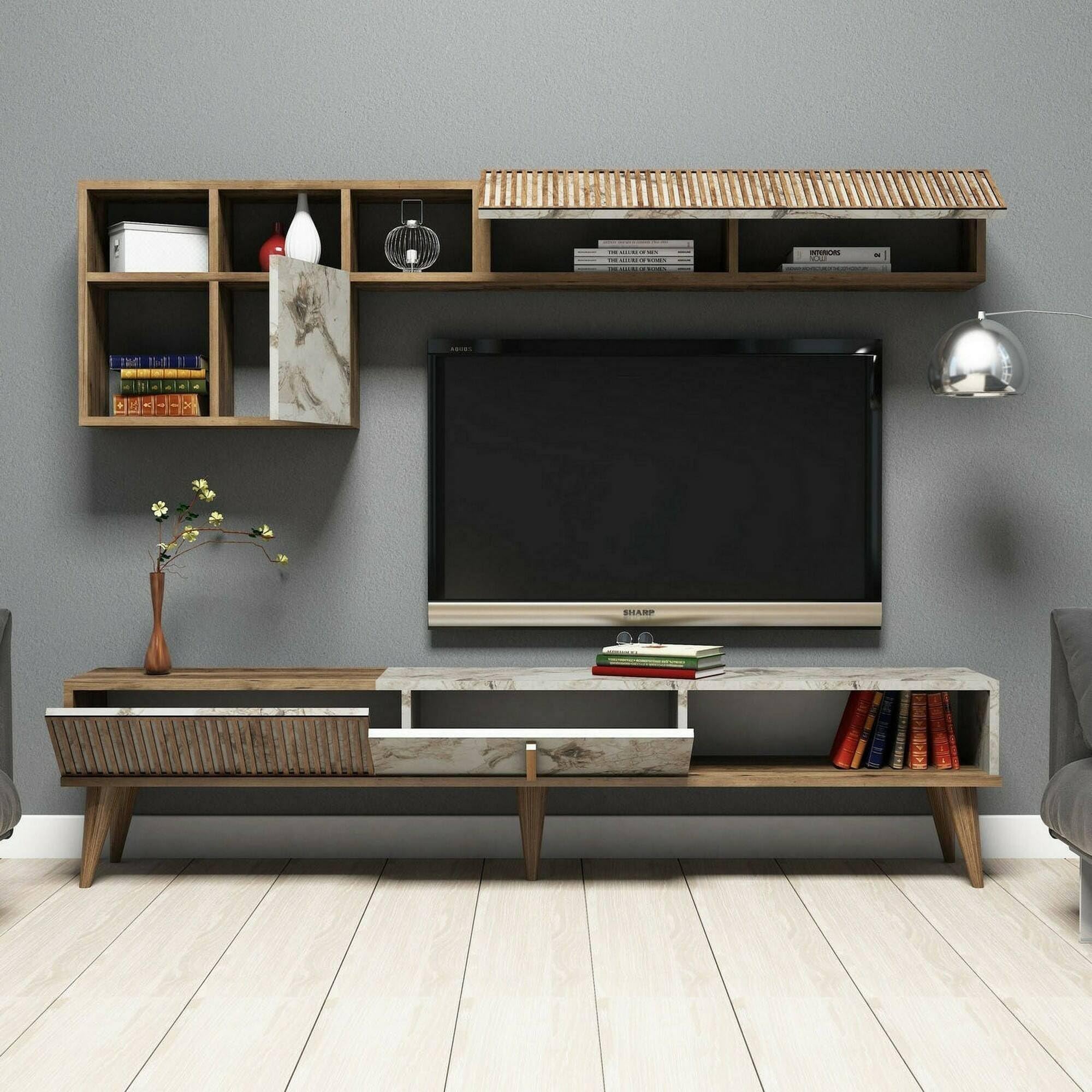 Dmora Parete attrezzata Gemini, Composizione Soggiorno, Mobile Salotto Multiuso, Armadio Porta TV, 180x35h40 cm, Noce e Bianco Marmo