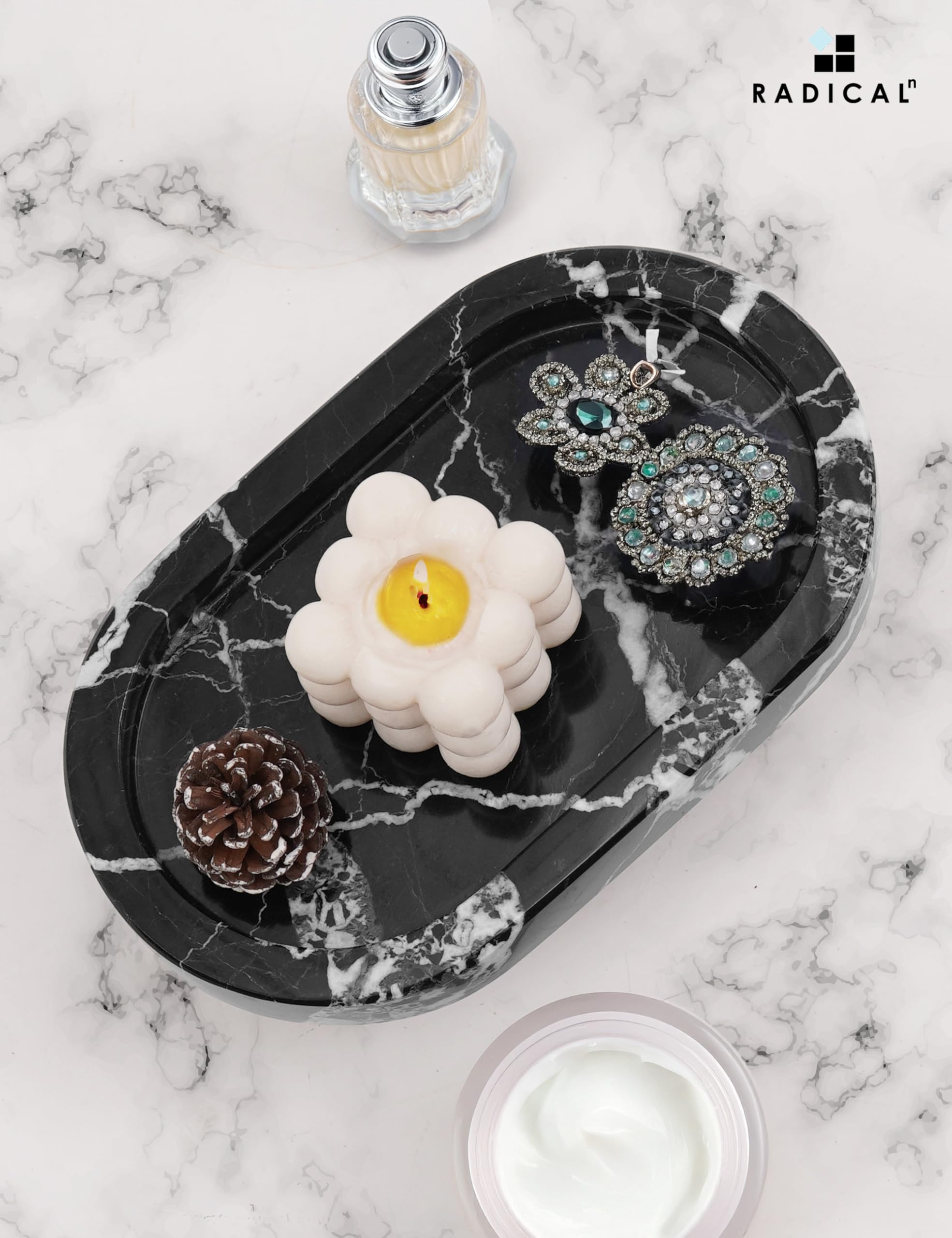 Radicaln Plateau ovale en marbre avec support de 25,4 cm, noir, fait à la main, plateau de service pour décoration de table basse, plateau de parfum moderne et de coiffeuse pour table, plateau
