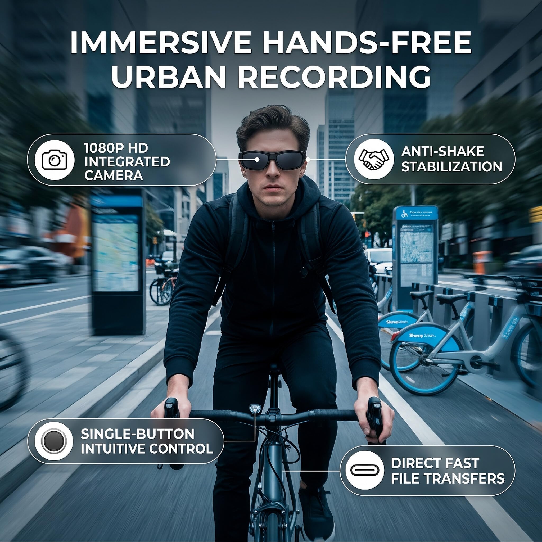 Annadue Gafas de Sol con Cámara 1080P, Lentes Gran Angular Antivibración, Gafas para Cámara de Acción Deportiva con Batería Incorporada, para Ciclismo y Actividades Al Aire Libre