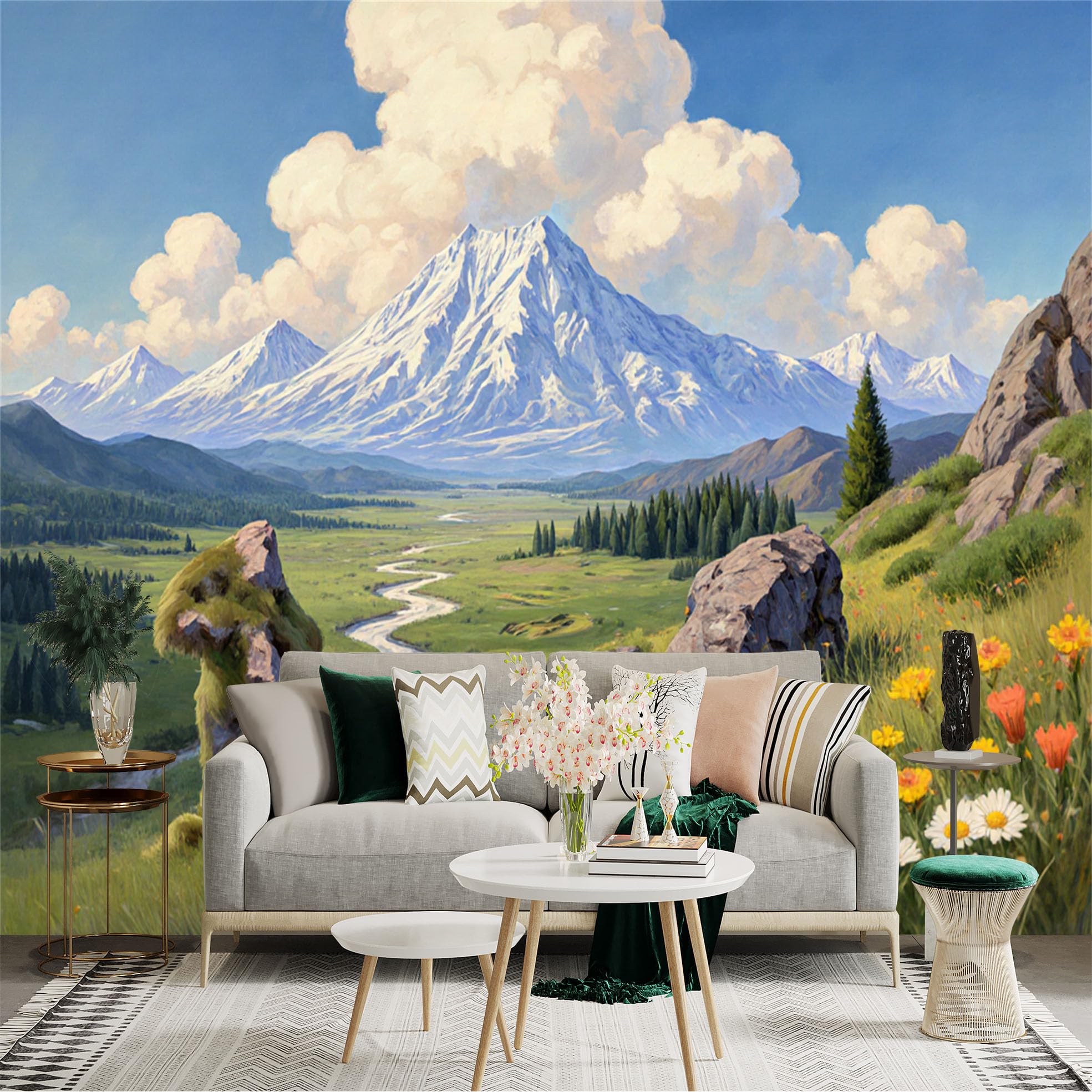 Lnzczhyre Xc260505389 Custom Size Wall Sticker Mural， Snow Capped Mountain Peak， Serene River Valley， Vibrant Wildflower Meadow， Summer Landscape Scenery， For Wall Decoration， Peelandstick Wall Decals.