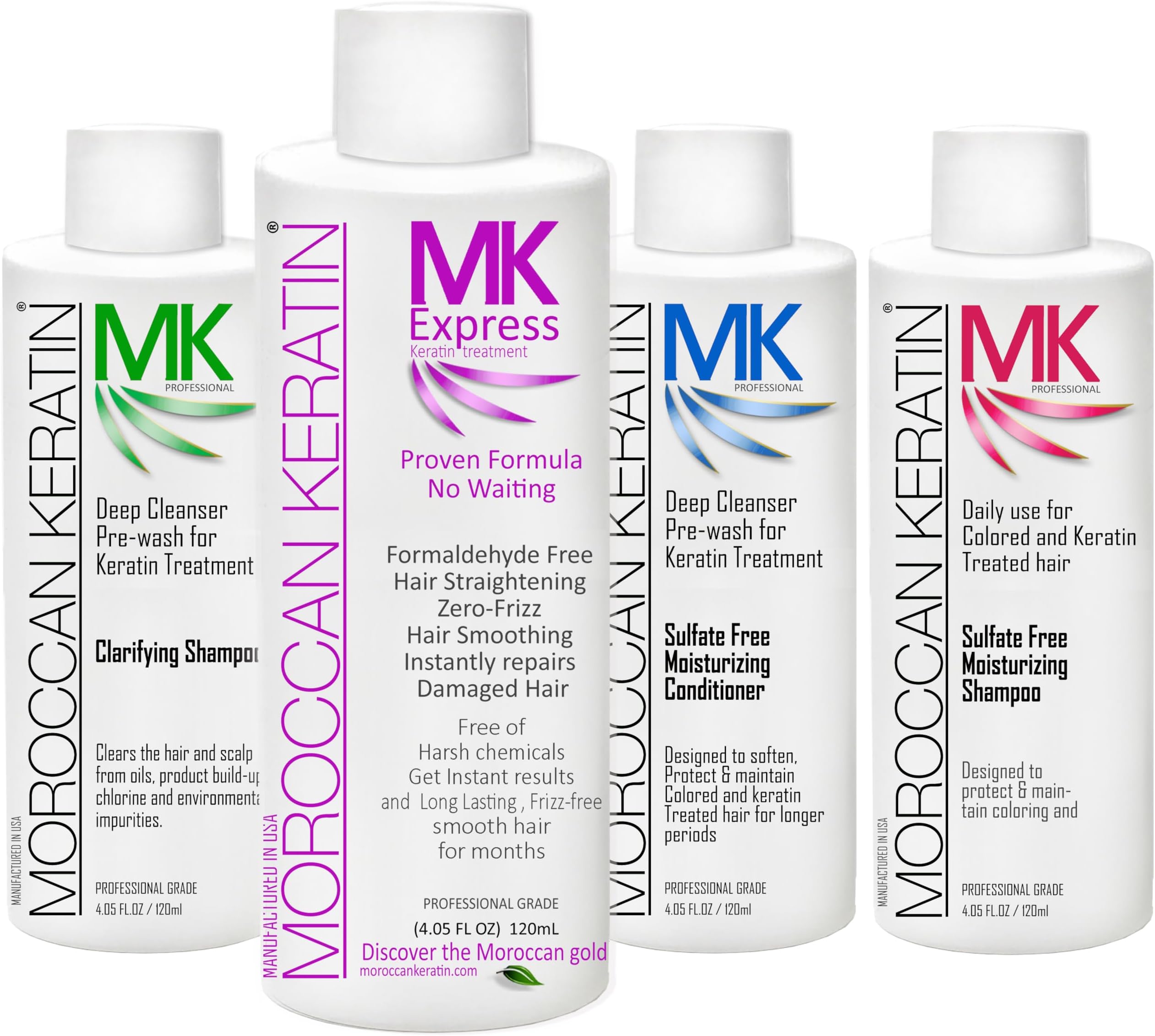 Moroccan Keratin Express Smoothing Straightening Hair Treatment Formaldehyde Free No-Wait Formula Instant Results 120mlx4 with Clarifying Shampoo, Sulfate-Free Shampoo and Conditioner
