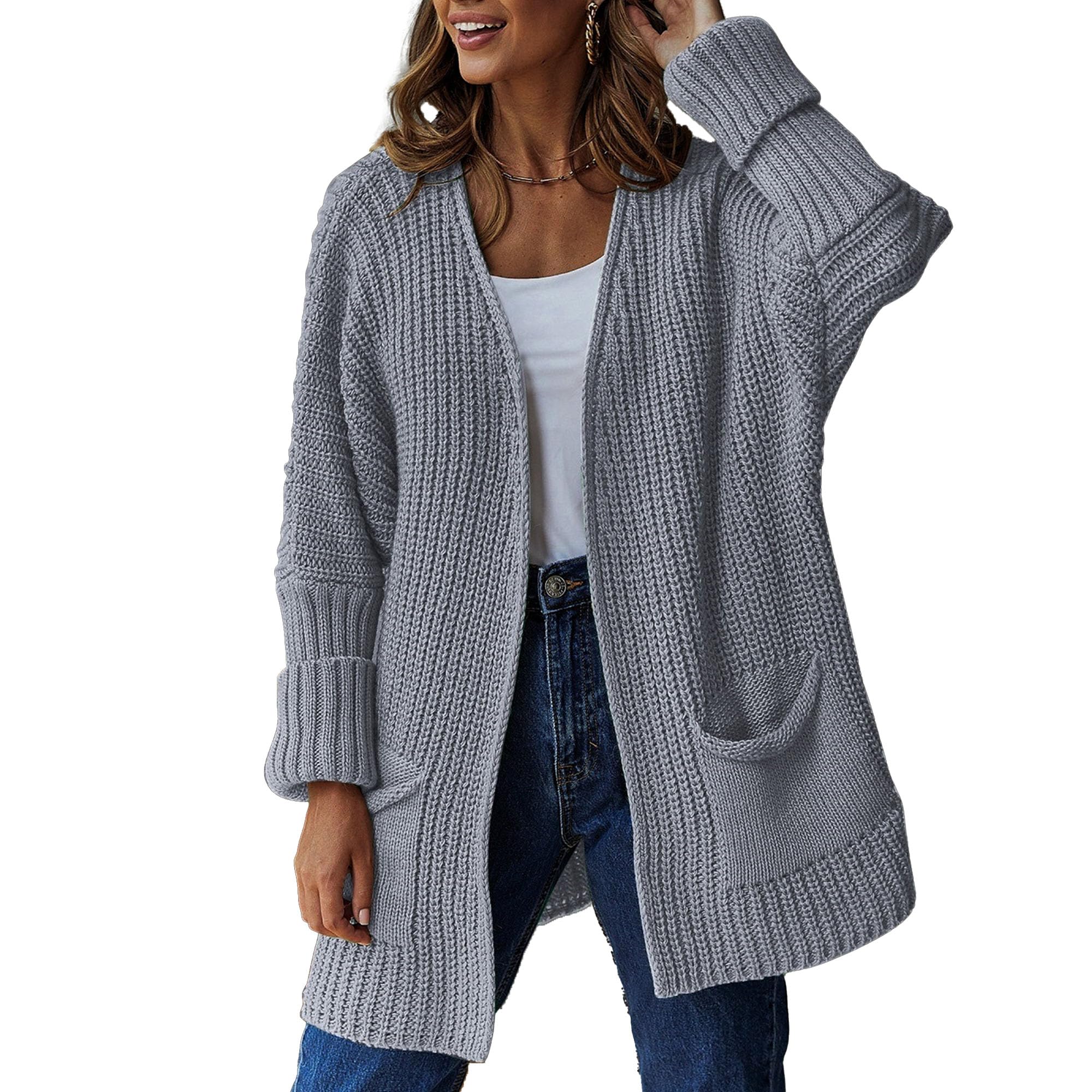Women's 2025 Long Sleeve Sweaters Coat Loose Knit Cable Open Front Cardigan Sweater Outerwear Coat with Pockets (Large,Grey)
