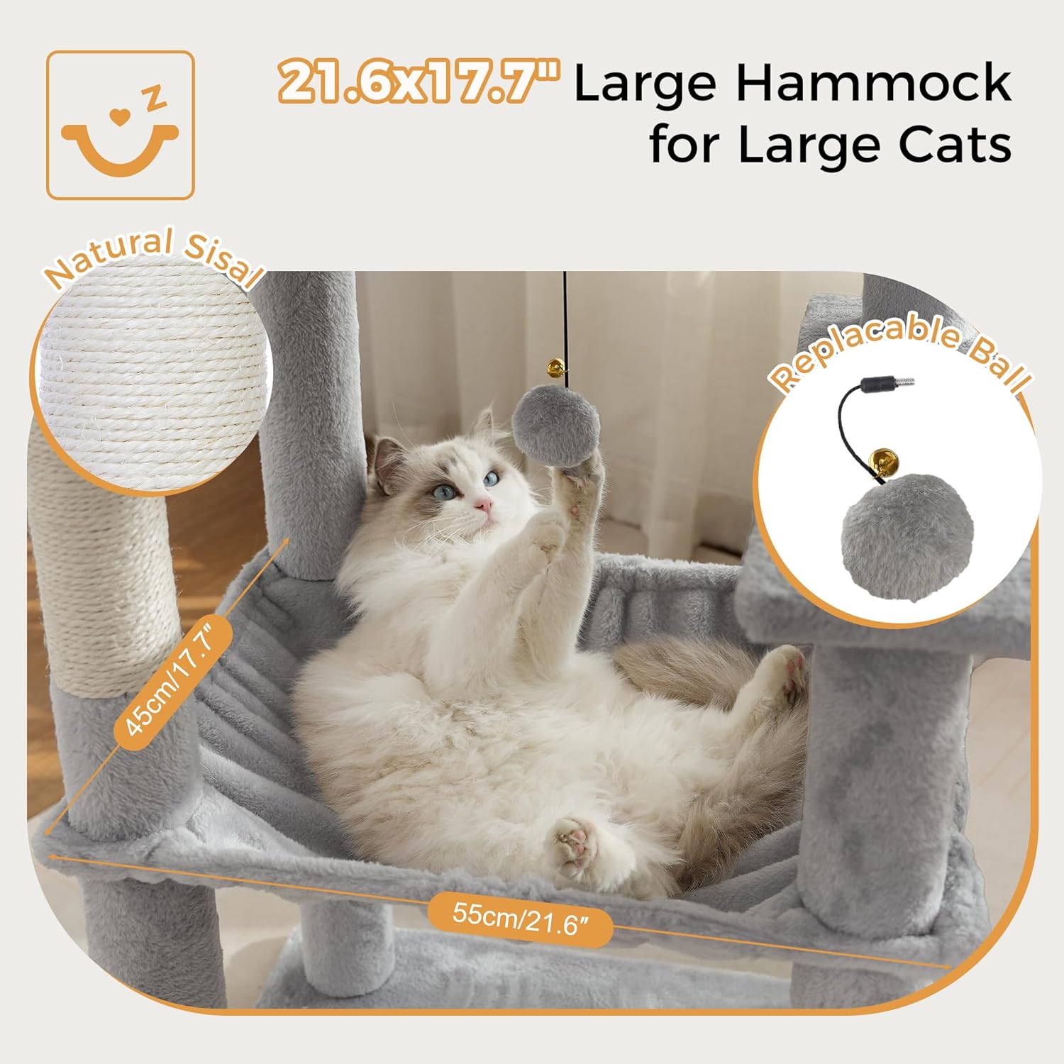 72” Cat Tree for Large Cats Big Cat Tower with Enlarged Hammock 21.6x17.7” Spacious Cats Condo House and Roomy Top Bed and Multiple Scratch Posts for Indoor Adult Cats (Grey, XLarge-72)