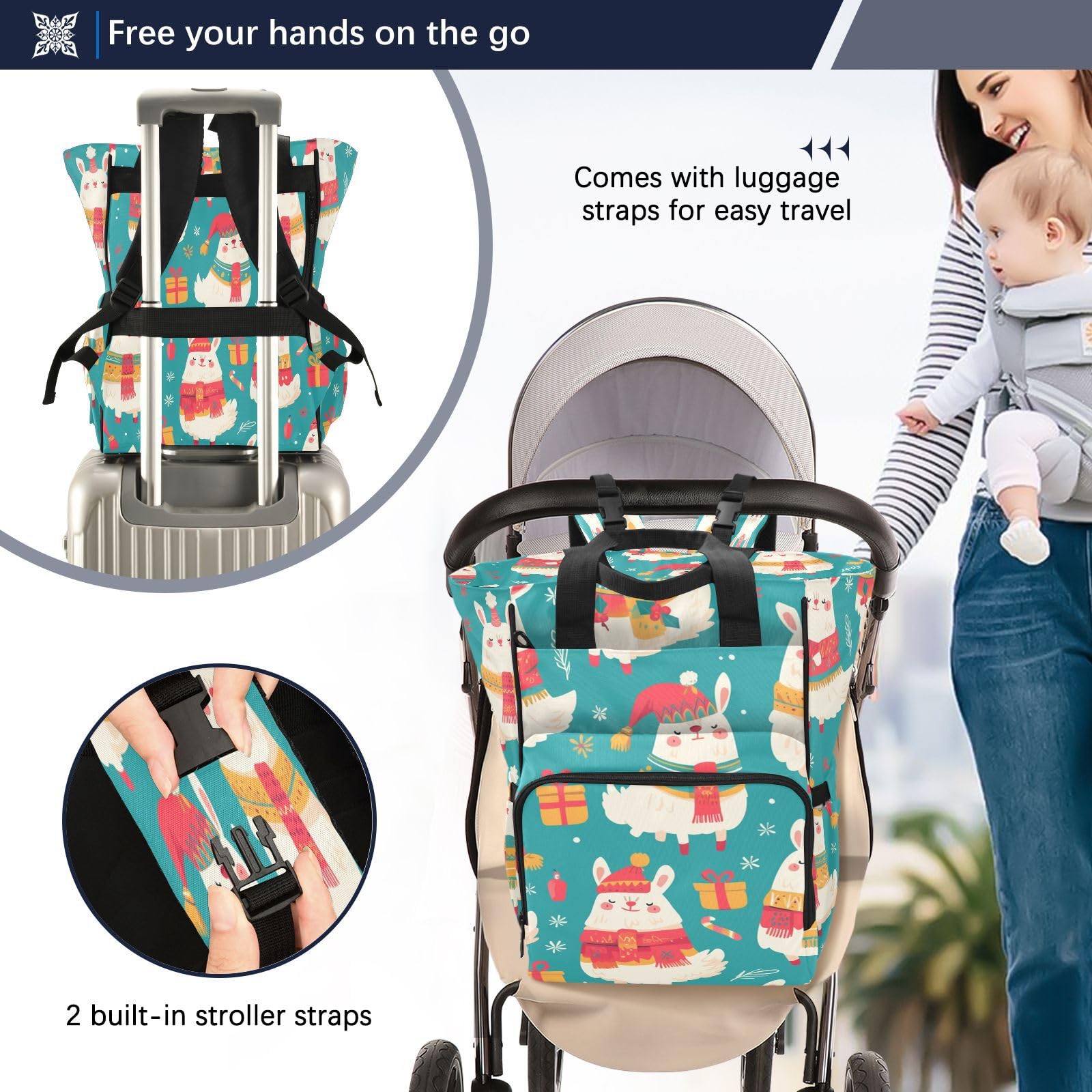 Blanco Festivo Colorido Invierno Mochilas de Pañales para Gran Capacidad Pañal Bolso Mochila para Viajar al Aire Libre Mamá y Papá