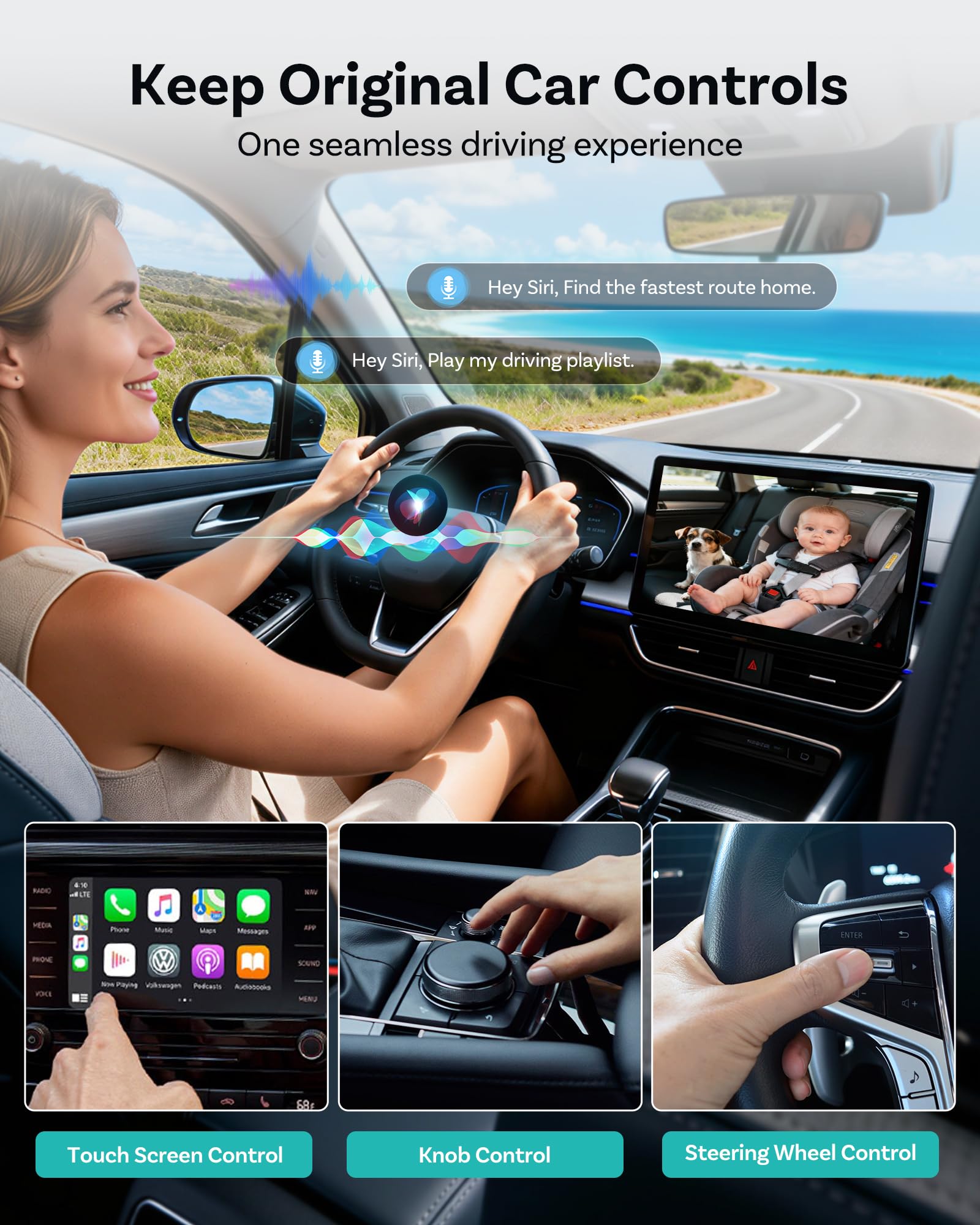 OTTOCAST Adaptateur de cabine 2025 en 1 pour caméra de voiture pour bébé et adaptateur CarPlay sans fil, aucun écran supplémentaire nécessaire, moniteur bébé de voiture 1080p pour vision nocturne