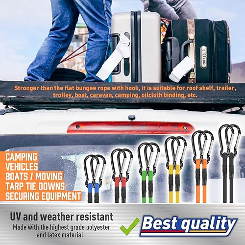 Miniatura 5 de Amartisan 24 cuerdas elásticas con ganchos de mosquetón resistentes, 72, 60, 48, 36, 24, 18 pulgadas, dos cada uno, (4) clips de lona, (4) cuerdas