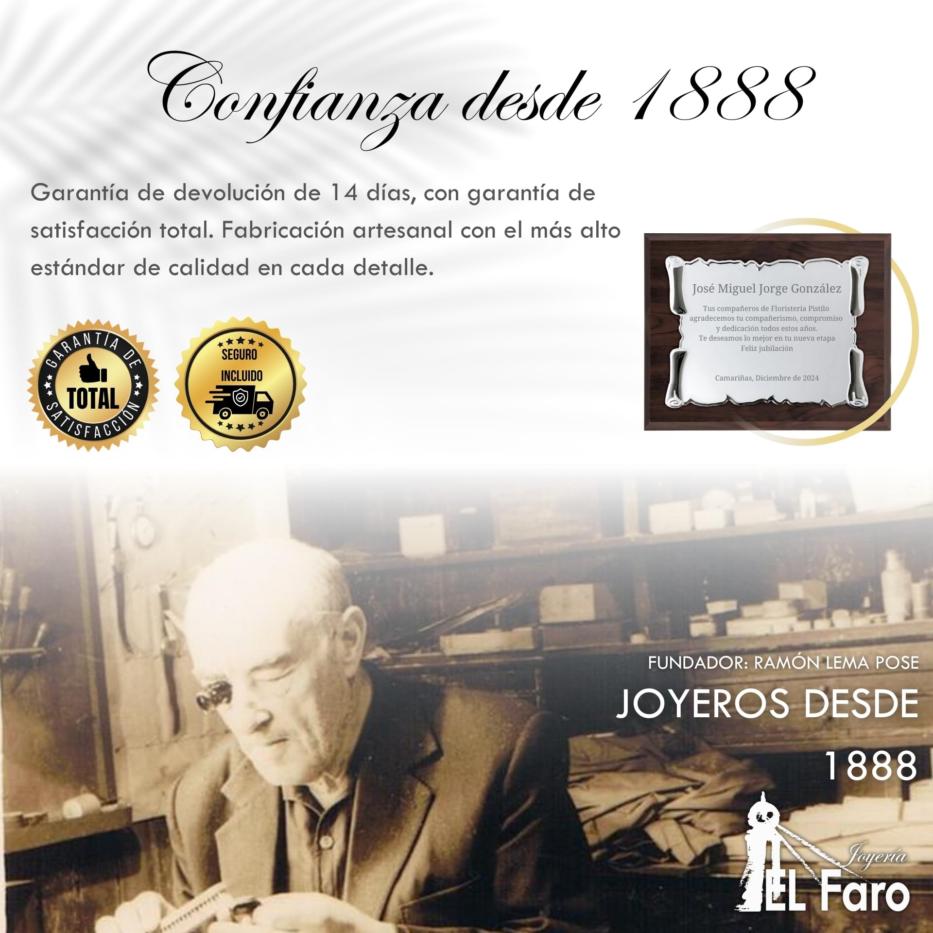 JOYERÍA EL FARO | Placa conmemorativa personalizada con grabado y estuche premium | Ideal para aniversarios, jubilaciones, dedicatorias u homenajes
