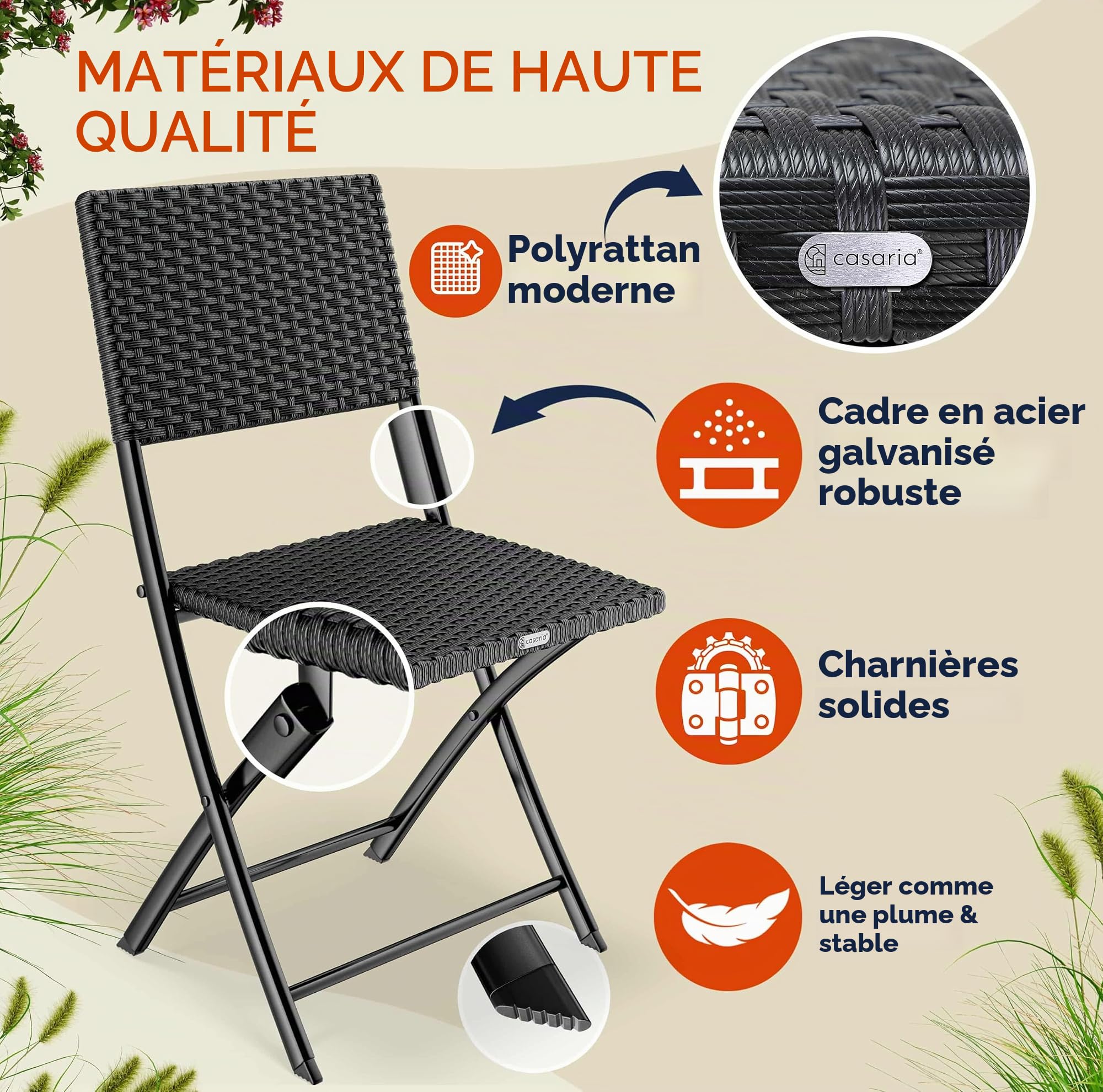 Casaria Chaise Pliante en polyrotin Set de 2 Charge Max. 120 kg Légère Résistante aux intempéries Jardin Terrasse Balcon Camping Chaise