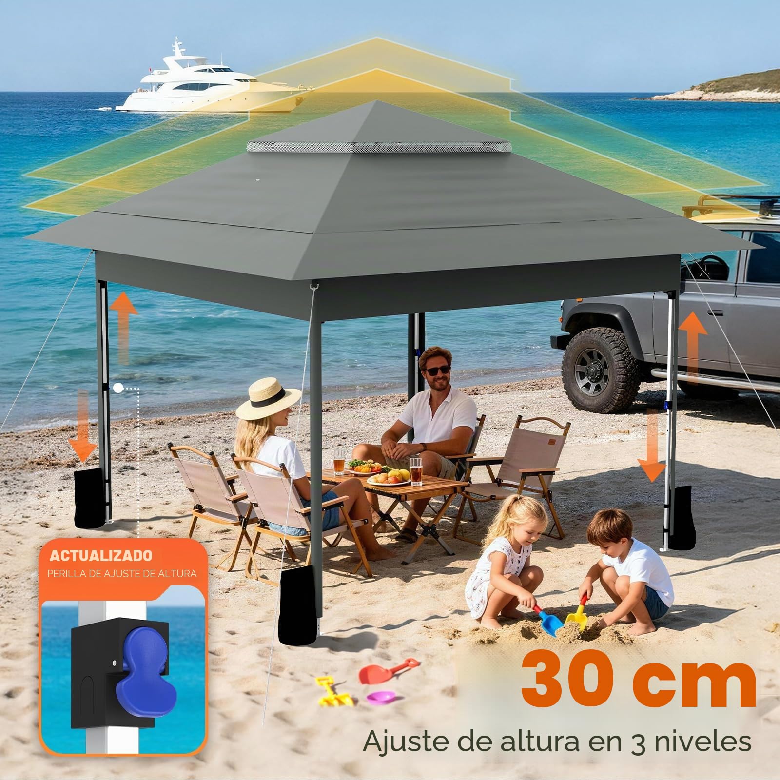 Huracan Pabellón de jardín Plegable 3,6 x 3,6m, Carpa Impermeable, Gazebo con 4 mosquiteras Laterales y Sacos de Arena, Regulable en Altura, Carpa de jardín con Techo Doble, Antracita