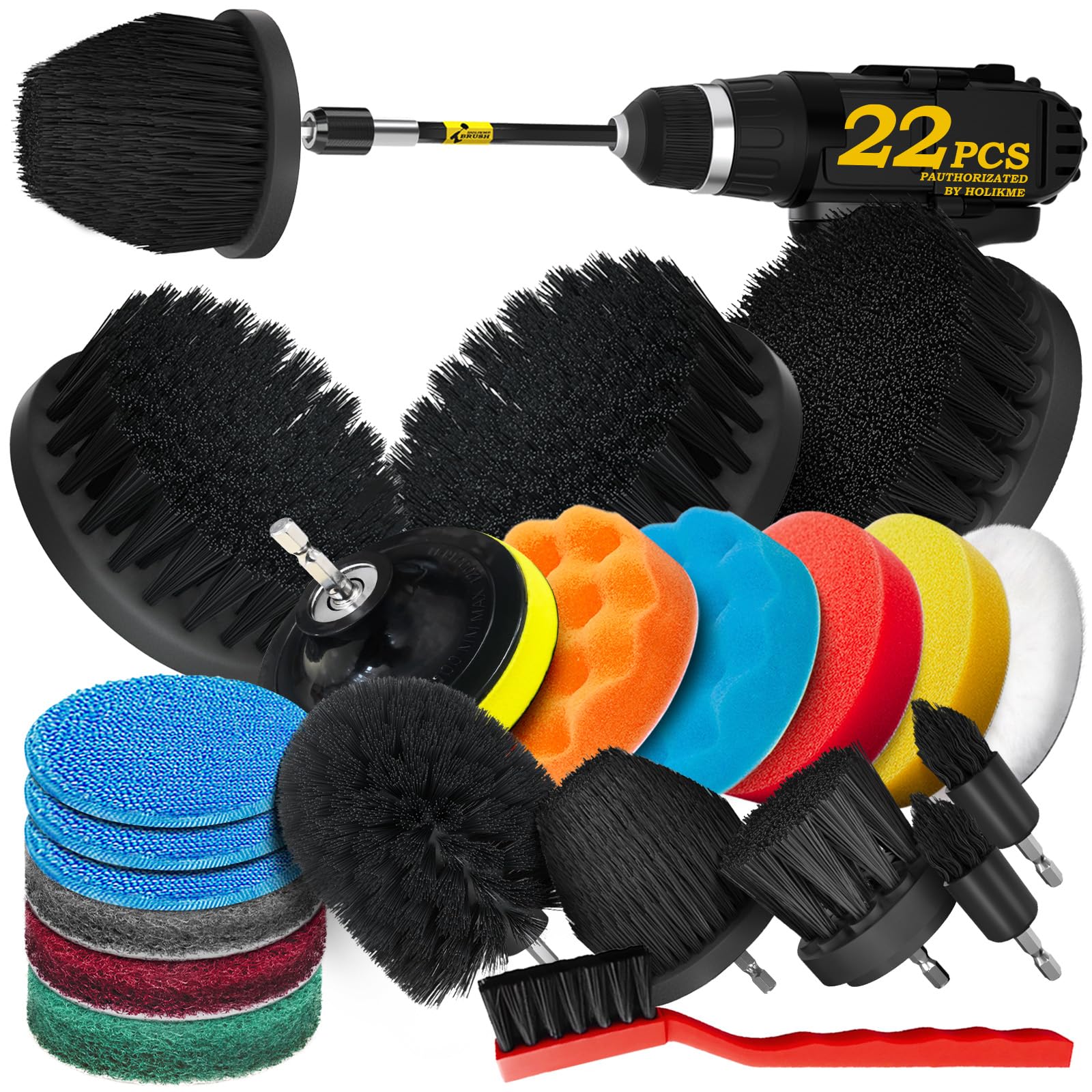 20Piece Drill Brush Attachments Set,Black Scrub Pads & Sponge, Power Scrubber Brush with Extend Long Attachment All Purpose Clean for Grout, Tiles, Sinks, Bathtub, Bathroom, Kitchen & Automo