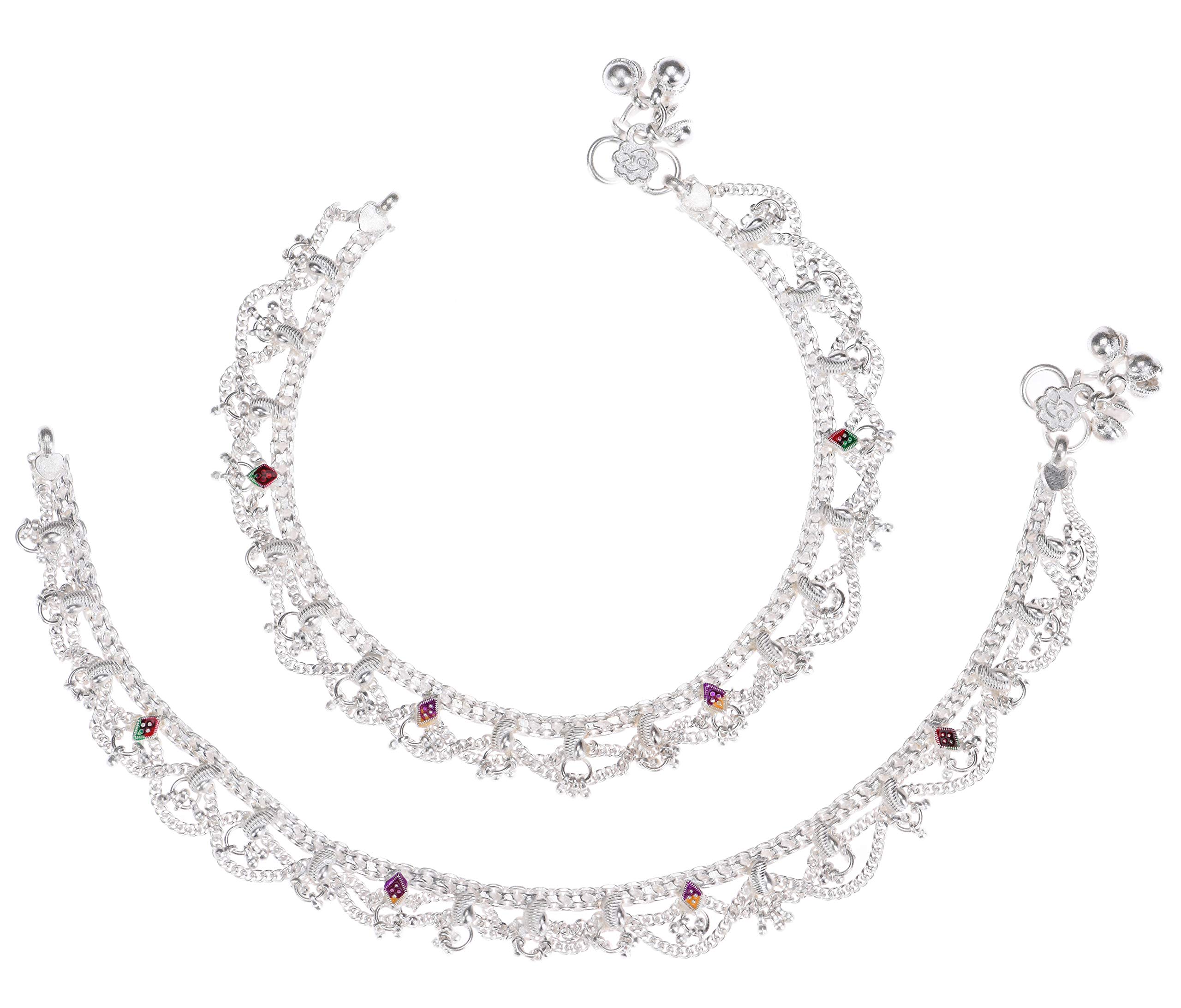 Silver Plated White Metal Alloy Anklets Payal Pair Indian Traditional Ethnic Contemporary Latest Pamela Design Fancy Foot Jewellery Leg Chain-image-8