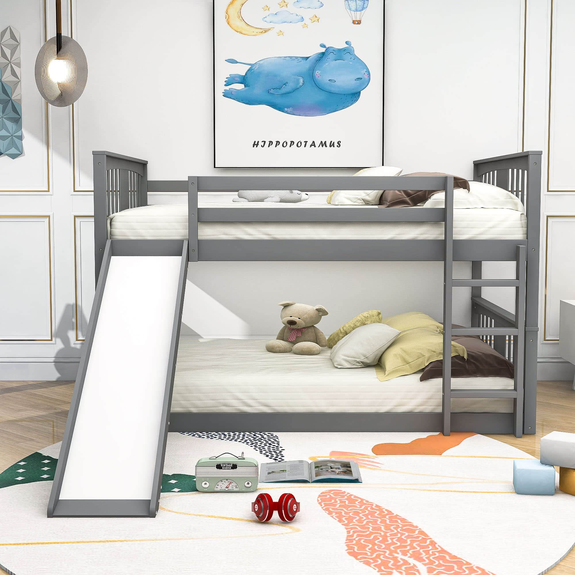 Full Over Full Bunk Bed with Slide, Floor Bunk Bed Frame, Wooden Low Bunk Bed with Ladder and Saftey Guardrails for Adults, No Box Spring Needed