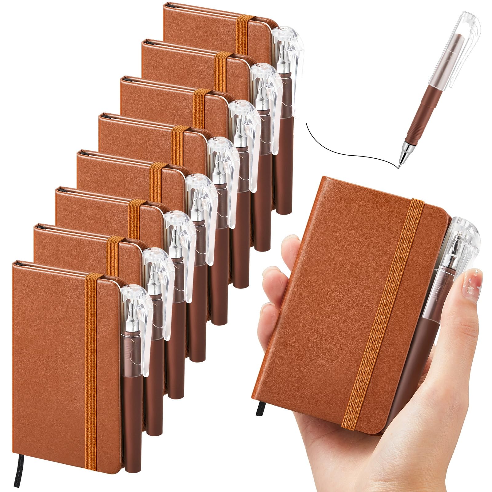 Qeeenar 16 Piece 8 Leather Notebooks and 8 Pens Leather Notebook Pocket Mini Pocket Notebook Journal 4.3 x 2.5 Inch Mini Pocket Notepad Hardcover