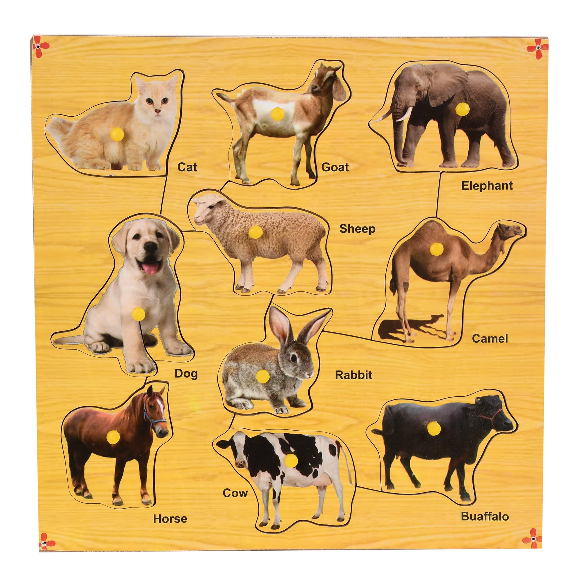 CloudTech® Wooden Domestic Animals Puzzle with Knobs Educational and Learning Toy for Kids | Learning pegged Puzzles for Toddler Ages 2+ - (12 X 12 Inch)