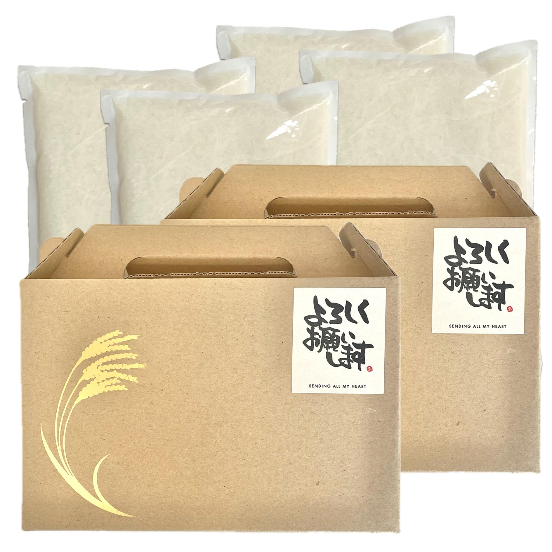 ベイコックノベルティ 【精米】持ち手箱入り(2合米×2袋)「よろしくお願いします」 山形県産はえぬき 計600g 手提げ袋付き