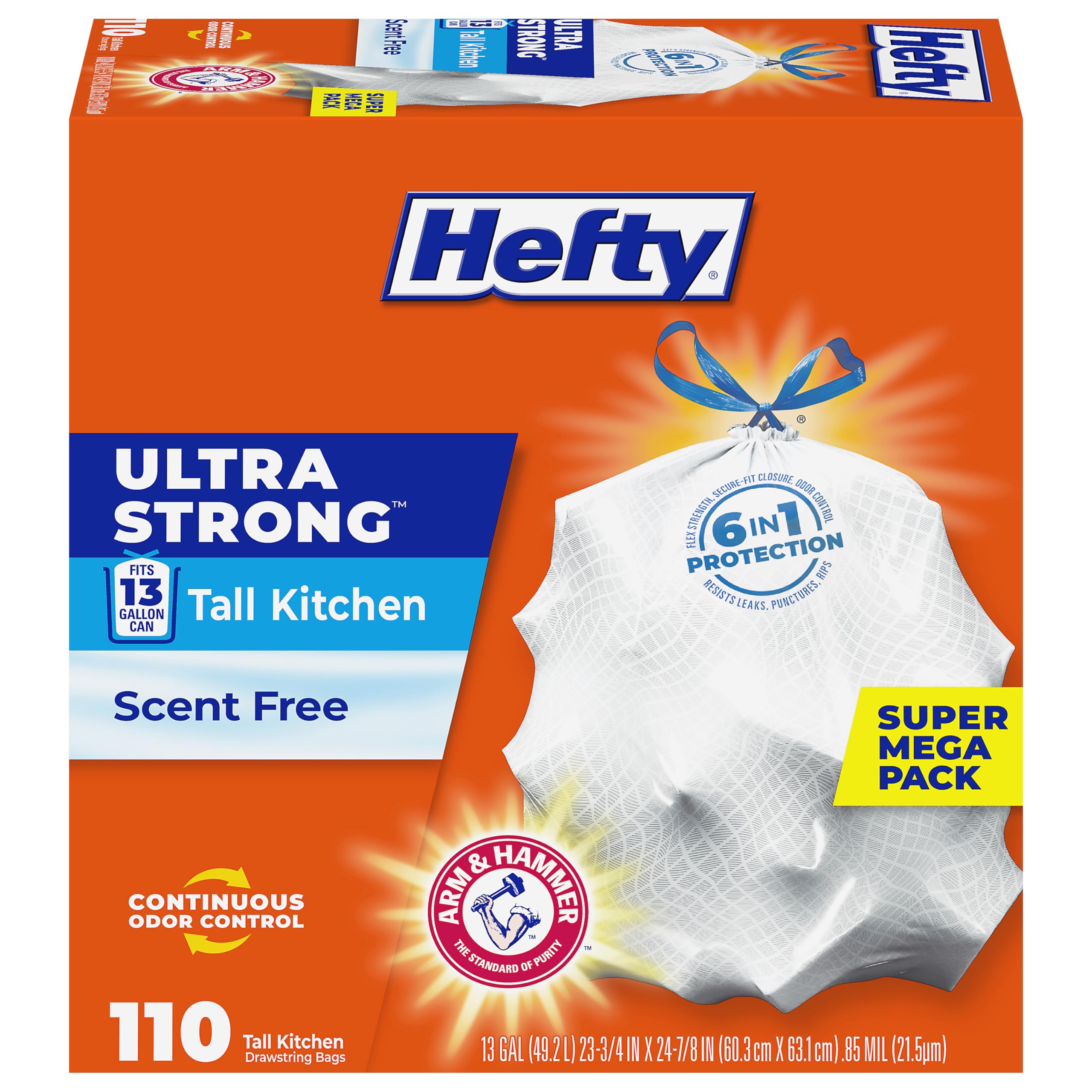 Hefty Ultra Strong 13 Gal Kitchen Trash Bags, White, Unscented, 110ct | Bulk Pack, 13G Tall White Trash Bags with Drawstrings for Kitchen, Resists Leaks, Punctures, Rips, Continuous Odor Control