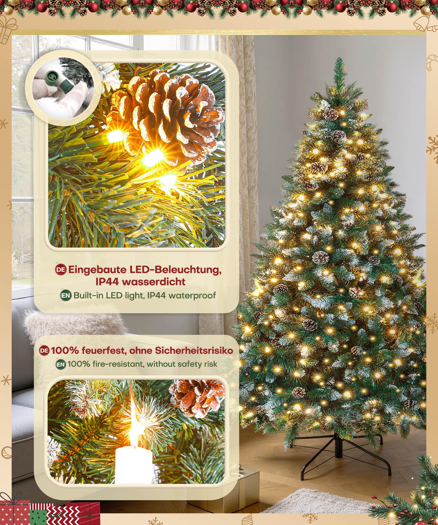Yorbay Sapin de Noël Artificiel Lumineux LED avec Neige Blanche épaisse, avec Support de Fer 150cm - 210cm Sapin Artificiel pour Décoration Noël  (180 cm)