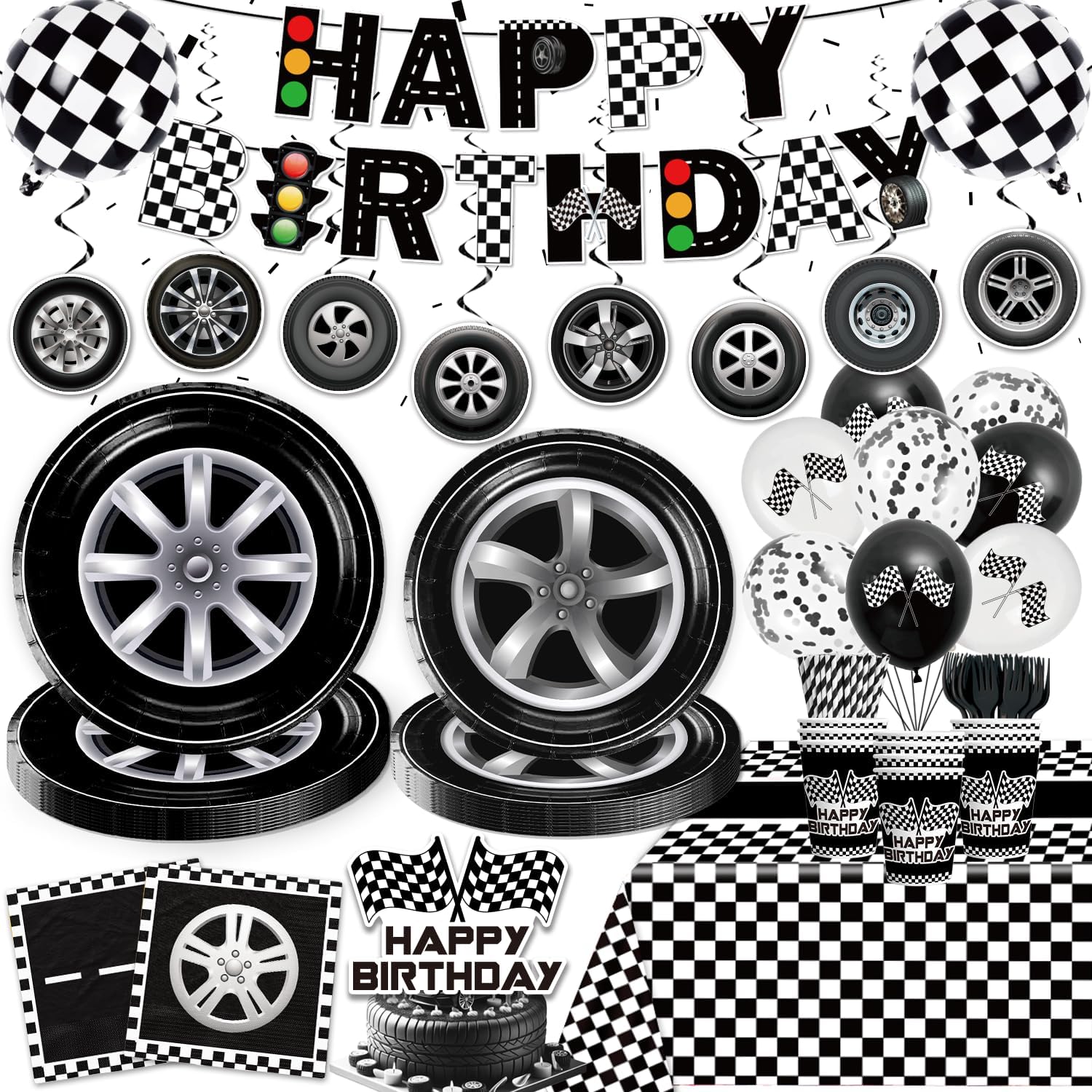 Cocomigo 187pcs Race Car Birthday Party Decorations, Affordable 300 Gsm Thick Paper Plates Balloons and Waterproof Tablecloths for Racing Fans, Car