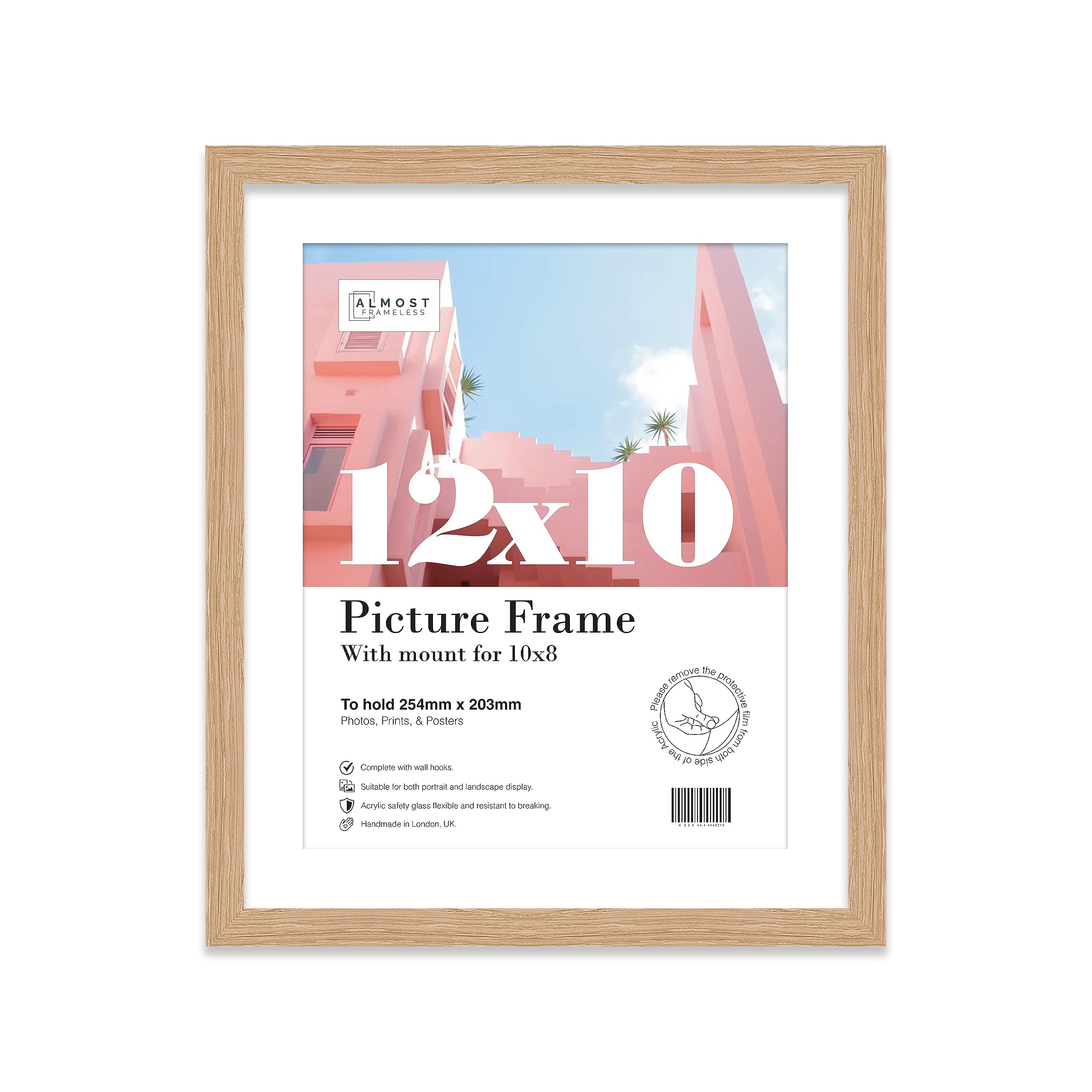 Almost Frameless 12x10 Oak Picture Frame With Mount for 10x8 Print, Poster or Photo Poster, Photo, Artwork, or Print. Thin Edge Slim Frame Portrait and Landscape Display with Wall Hooks