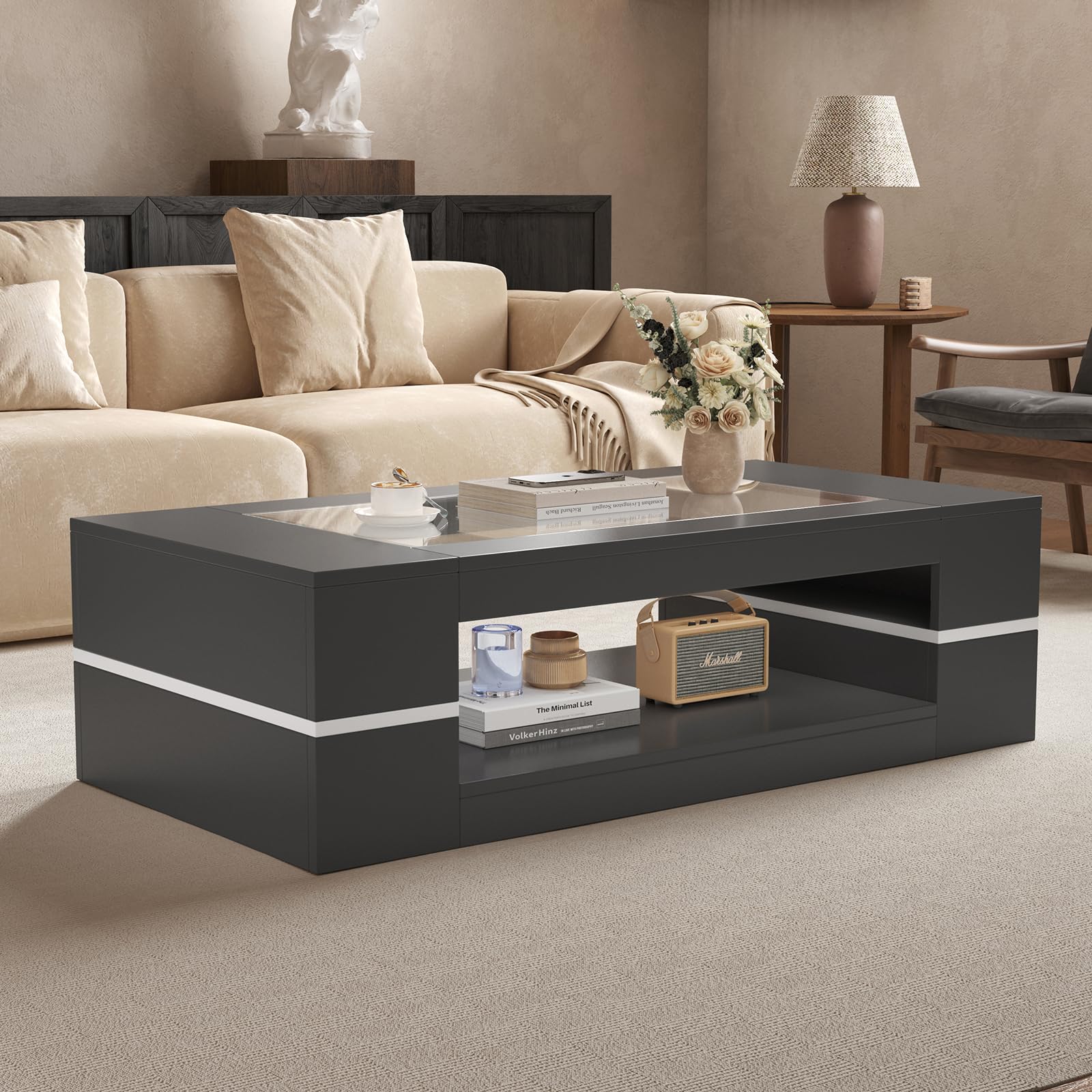 KEEPREAPER Rectangular Modern Stylish Coffee Table with Glass Top Black