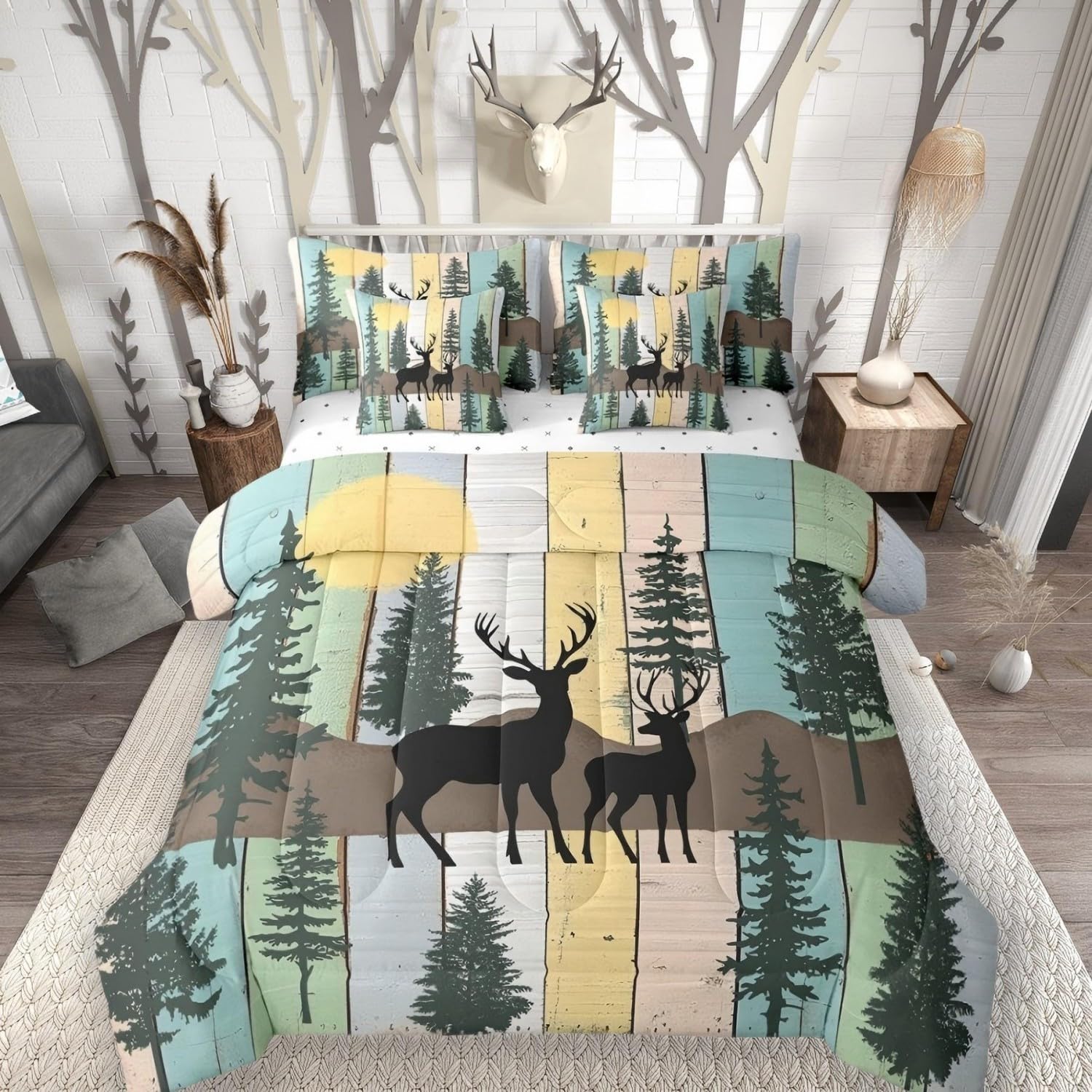 Elk Deer Twin Comforter Set with Sheets, Farmhouse Decor Rustic Barn Door 7 Piece Bedding Set Reindeer Pine Trees Bed in a Bag, Country Lodge Cabin Cottage Woodland Animals Bed Sets, Yellow Pink