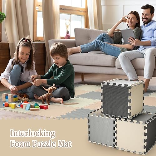 Miniatura 6 de Nuanchu Juego de 60 piezas de rompecabezas de espuma para niños, tapete de juego de espuma de color sólido con bordes entrelazados, alfombra de