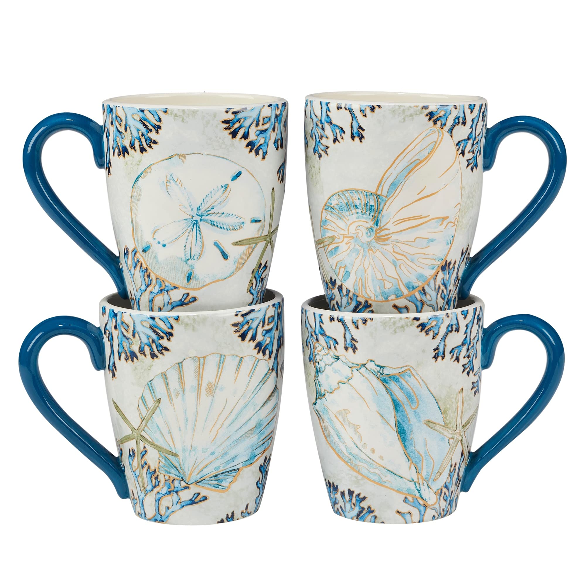 Shells 18 Oz. Mugs Set of 4 Blue Gold Grey Coastal Nautical Round Piece Dishwasher Safe Microwave