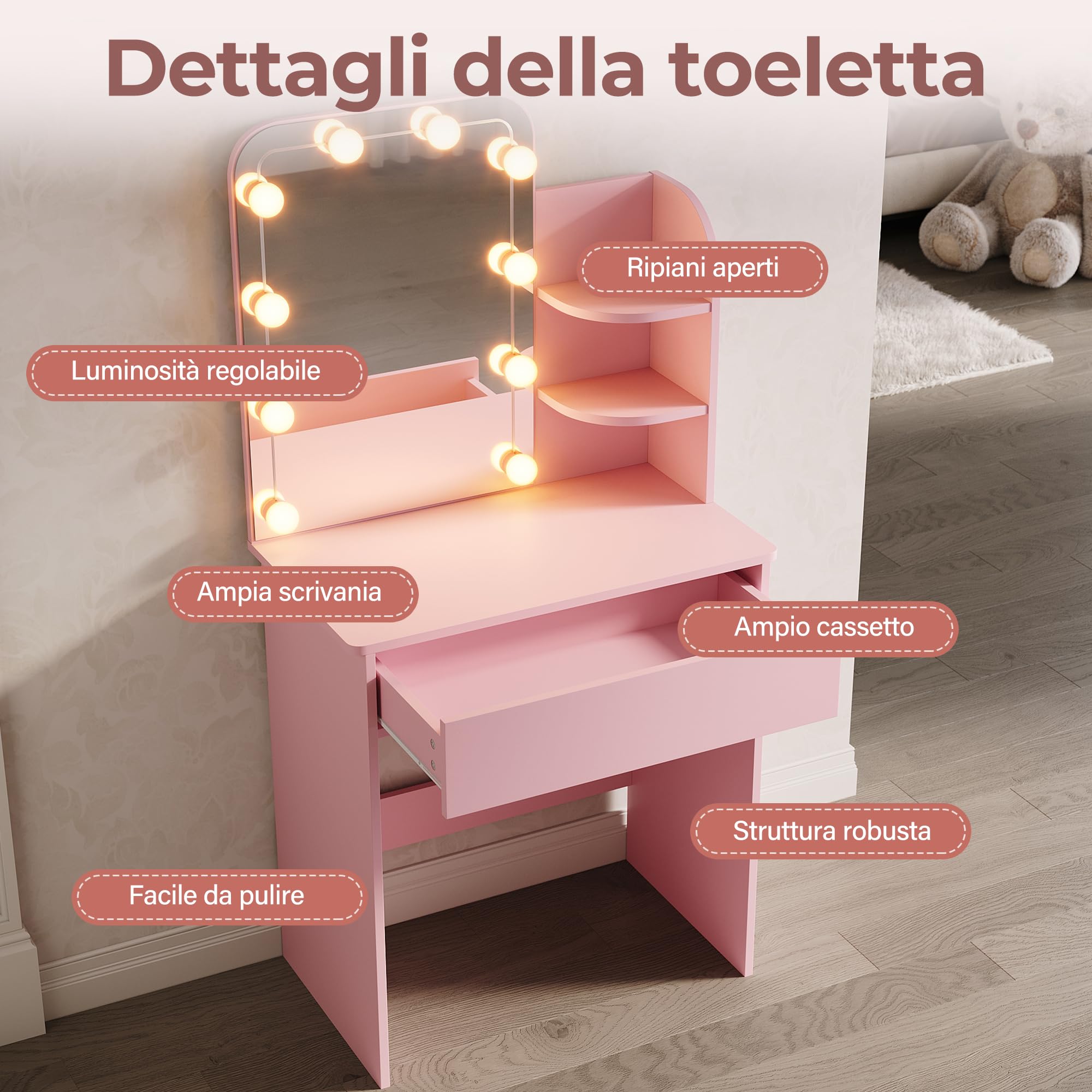 SONNI, Specchio Trucco con Luci, Toletta con Cassetti con Lampadine LED a 3 Colori 70x40x140cm, Rosa Toeletta Trucco Bambina