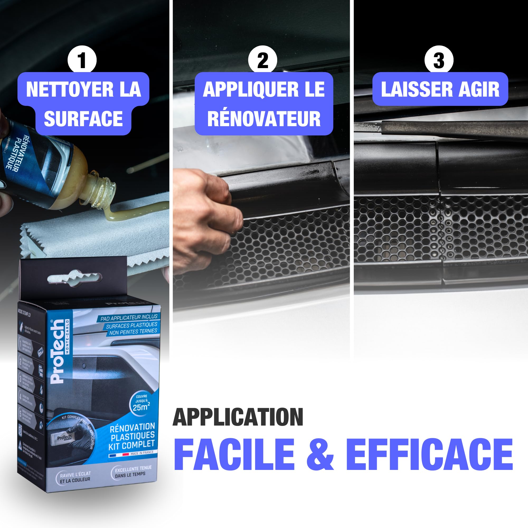 ProTechMC | Kit Complet Rénovateur Plastiques Ternes pour Voiture | Restauration Plastiques Intérieurs & Extérieurs | Éclat et Brillance d'Origine Assurés | Made In France | 50 ml