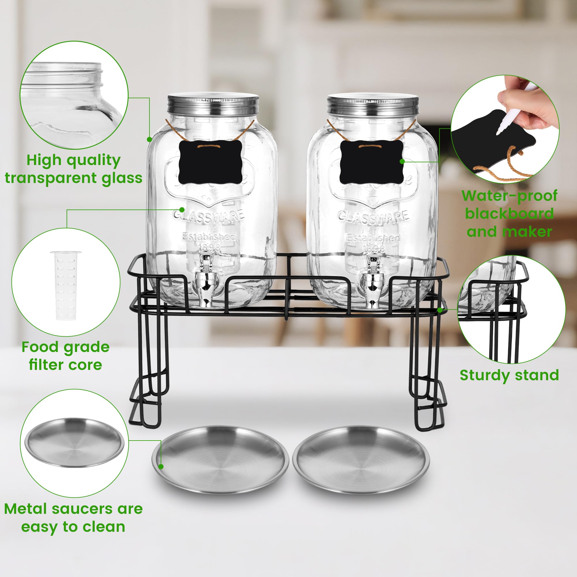 Paquete de 2 dispensadores de bebidas de vidrio de 1 galón para fiestas, dispensador de bebidas, dispensador de bebidas de vidrio con soporte y espiga (espiga de plástico)