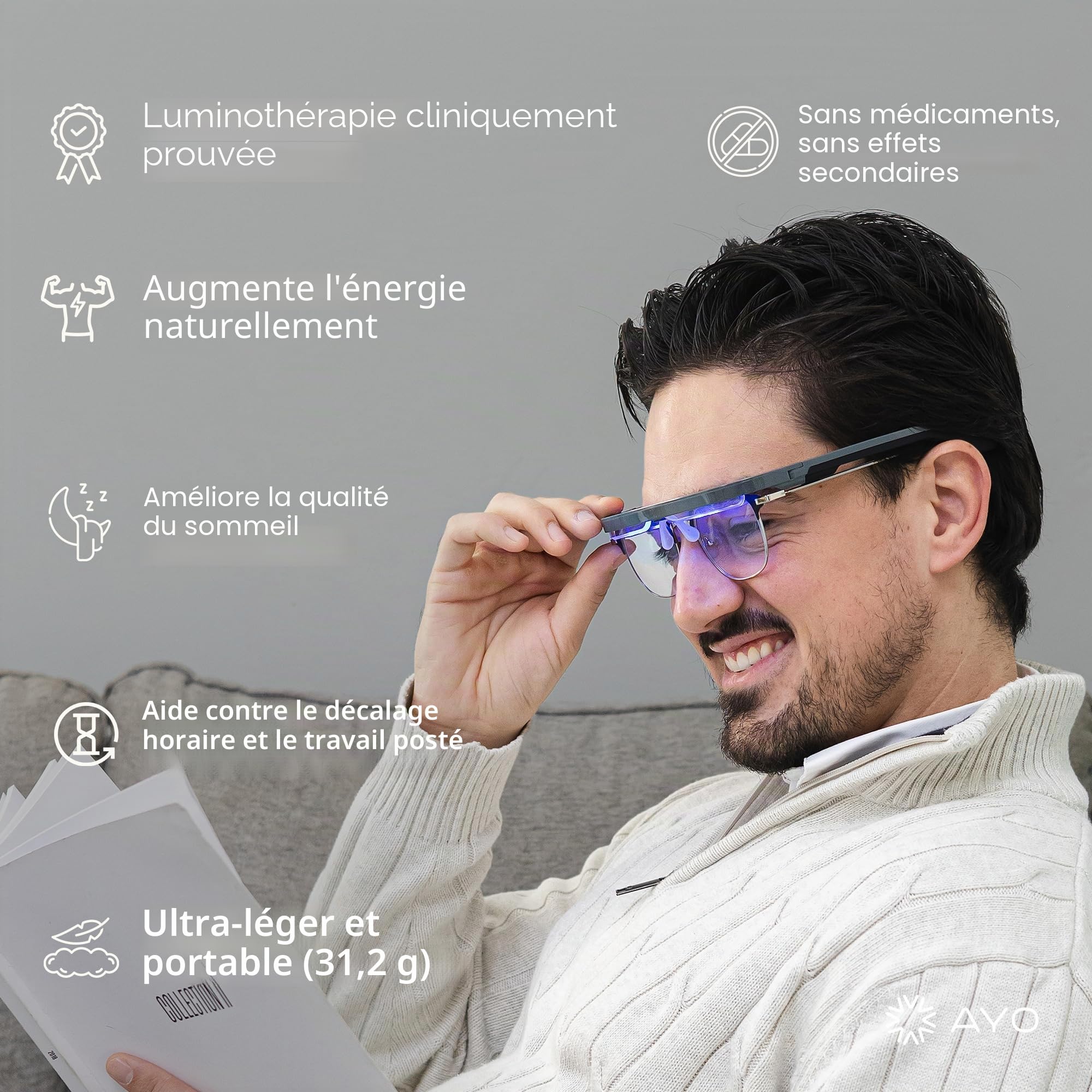 AYO + Lunettes de luminothérapie : Carbon Black Limited Edition - Maximisez le sommeil, l'énergie et l'humeur - Lumière rouge unique de 670 nm pour la santé des yeux - Votre alternative à la lampe à