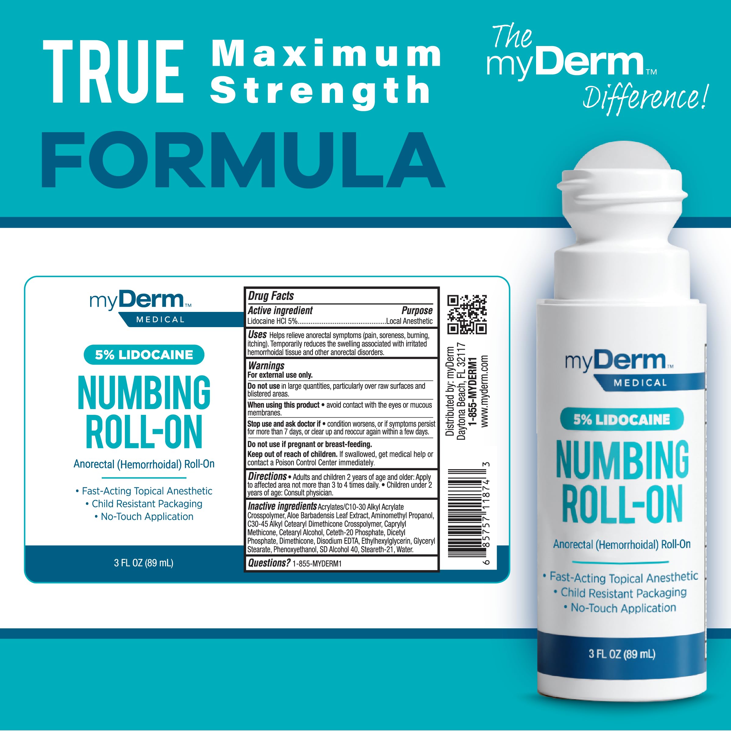 Myderm Medical 5% Lidocaine Numbing Roll On - Pack of 2 - for Minor Aches, Scratches and Hemorrhoidal Discomfort - Made in the USA — Amazon image 2