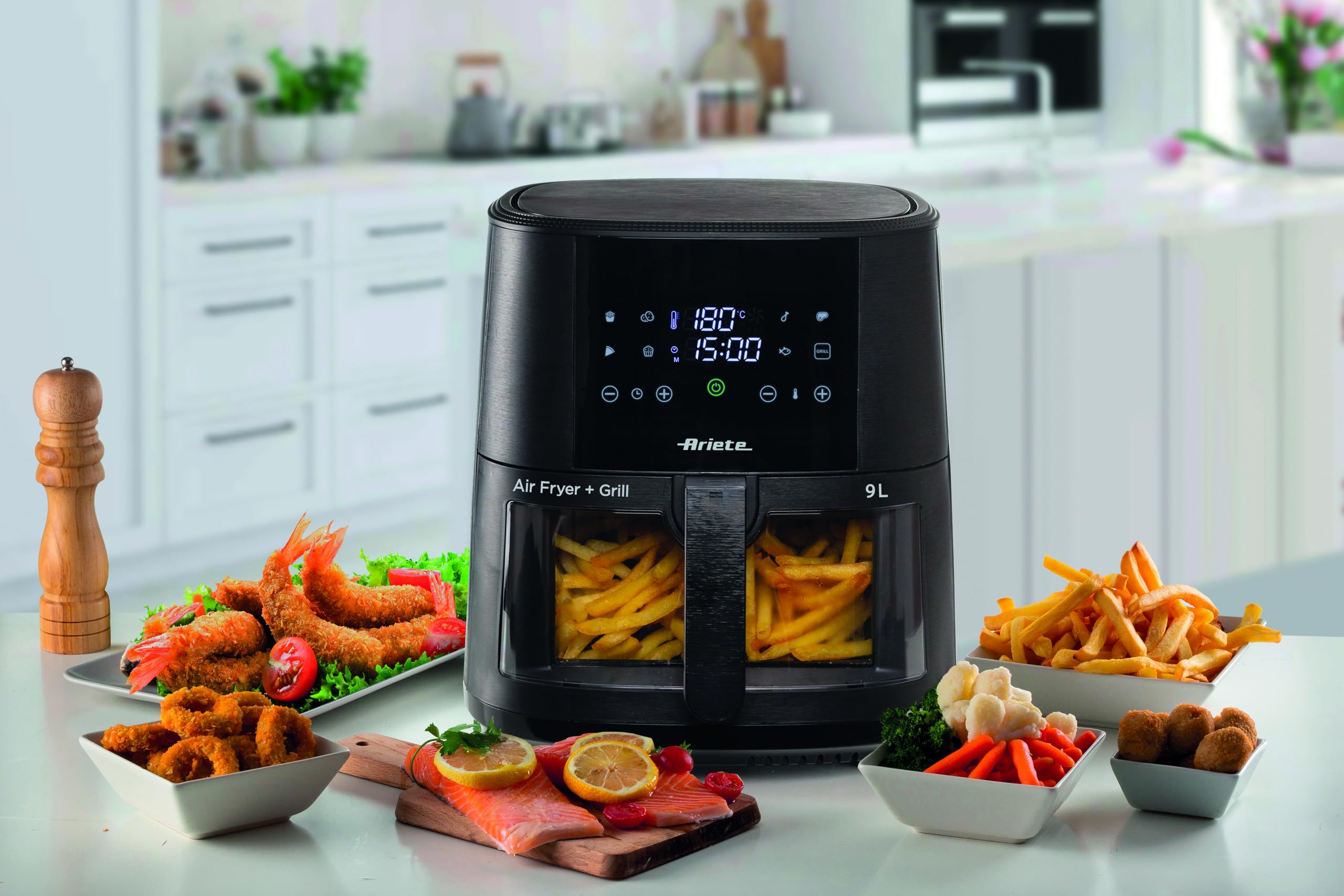 Ariete 4630 Friggitrice ad aria 9L, 1500 W, Capacità 9L, Capacità di cottura 2,5kg, 8 programmi preimpostati, Temperatura fino a 200°, Cestello trasparente, BPA Free, Nero