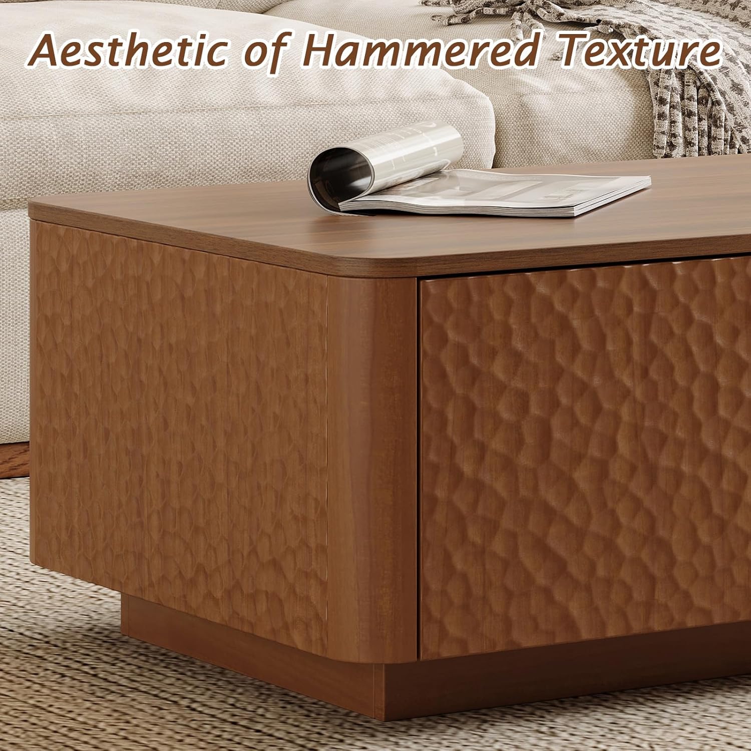 47.24" Hammered Coffee Table with Storage, Wood Rectangle Cocktail Center Table with 2 Drawers and Round Corner Design, Mid Century Modern Wood Coffee Tea Tables for Living Room, Natural Walnut