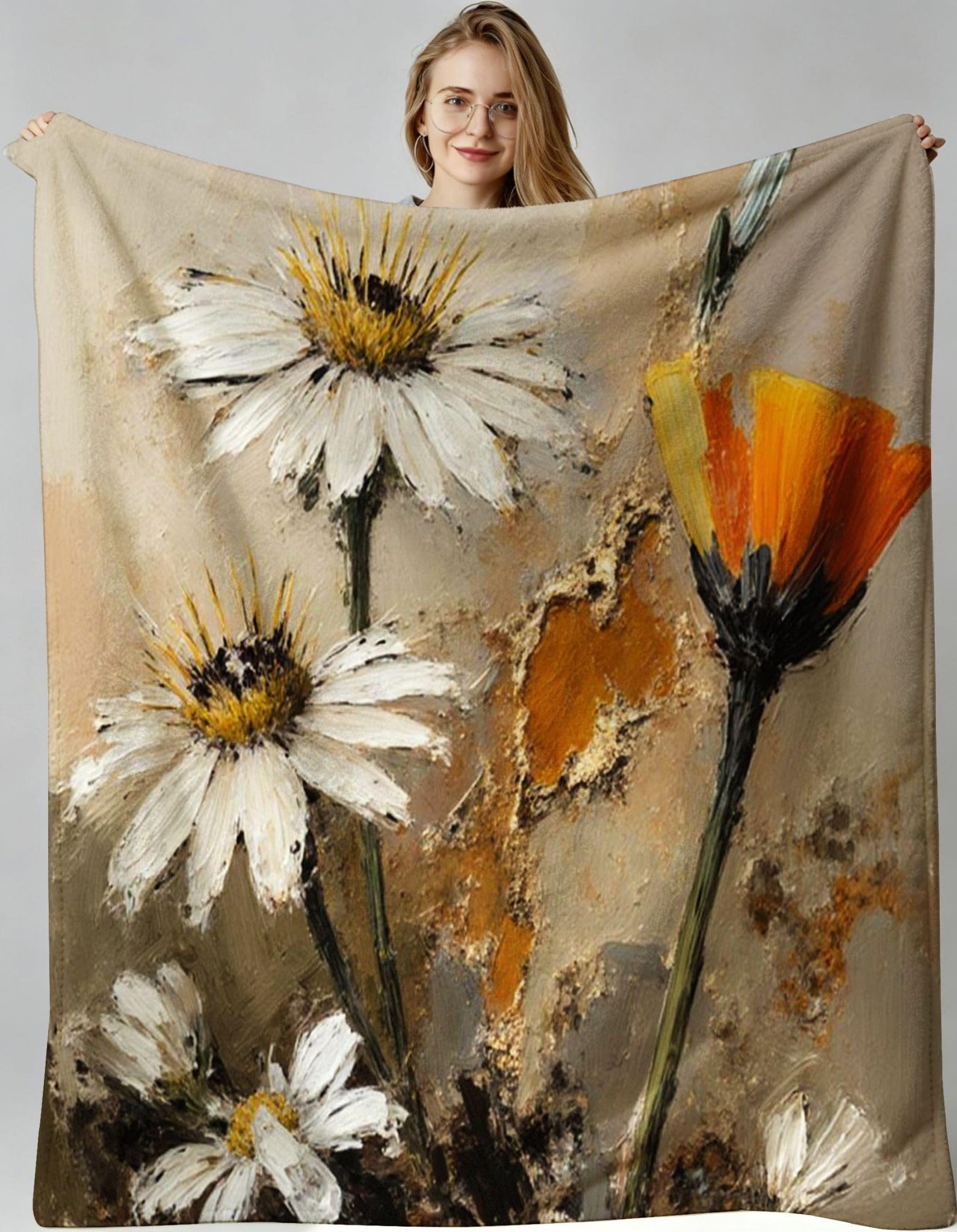 Couverture polaire peinture à l'huile fleurs 240x260 plaid canapé lavable en machine