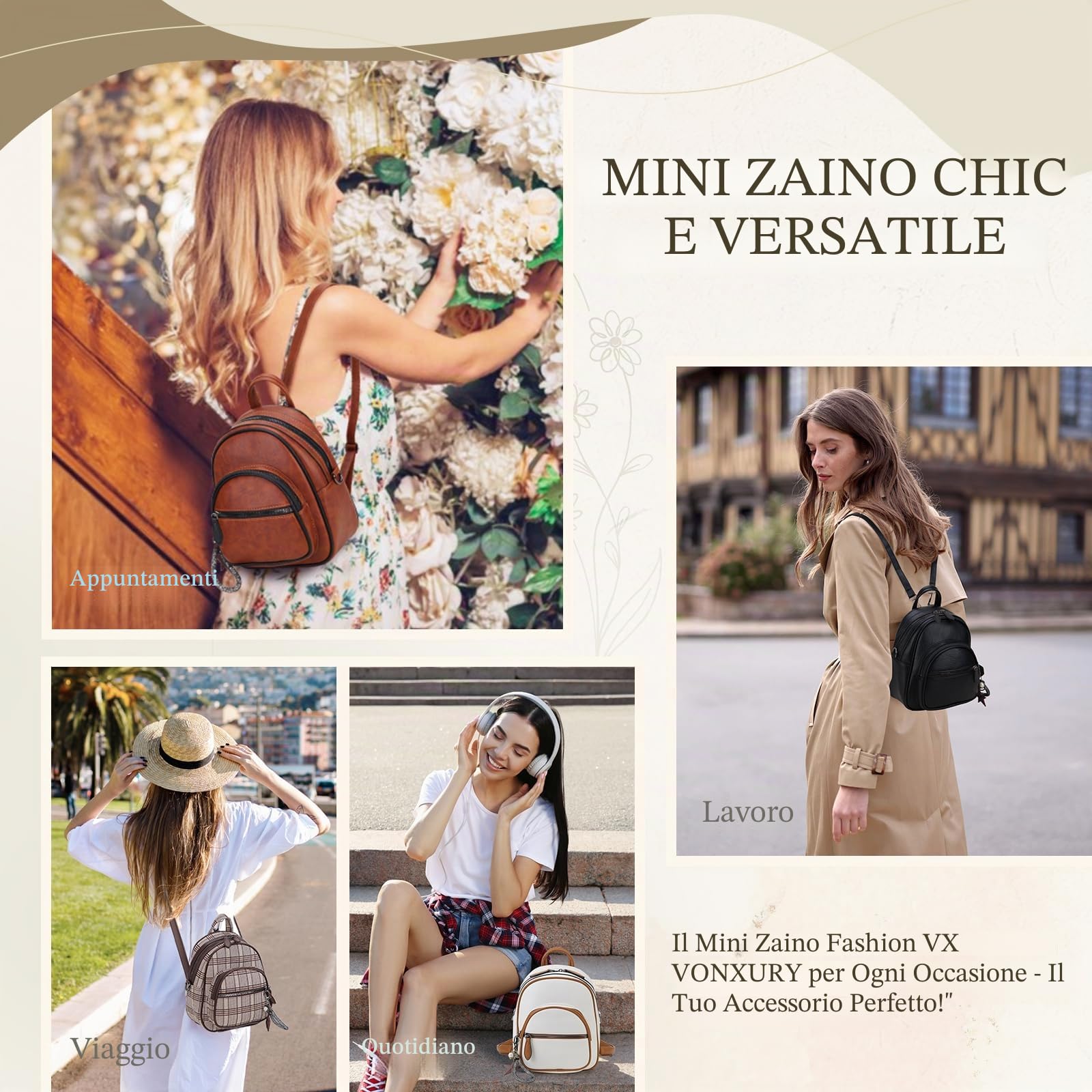 VX VONXURY Zaino Donna Piccolo Mini Zainetto da Ragazza in Pelle PU Borsa a Tracolla con Tracolla Convertibile per Viaggi Lavoro