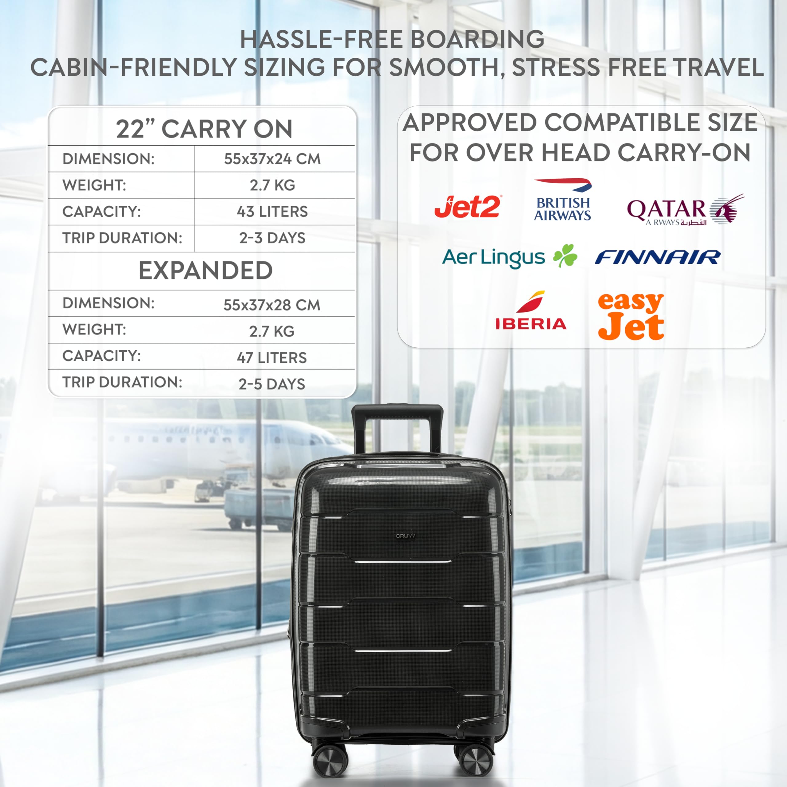 CRUW Hand Luggage, TSA Approved Lock, Silent Double Spinner Wheels Expandable Lightweight Suitcase – Bag Fits 56x45x25cm Overhead Carry On Limit for easyJet, BA, Jet2 & More – Black