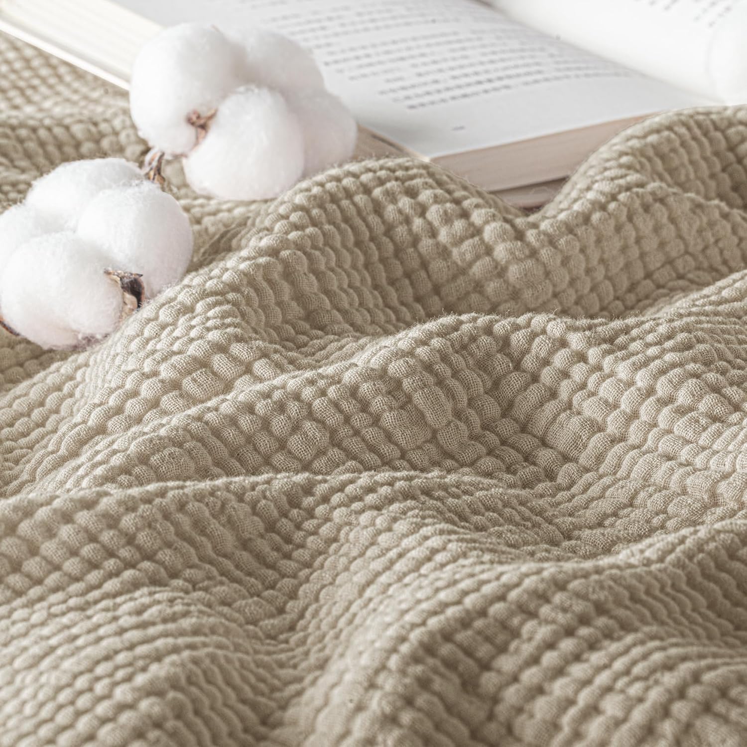 Exclusivo Mezcla 100% Cotton Muslin Throw Blanket, 4 Layers Breathable and Lightweight Gauze Blankets with Fringes for Couch, Soft, Decorative, 50"x70", Beige