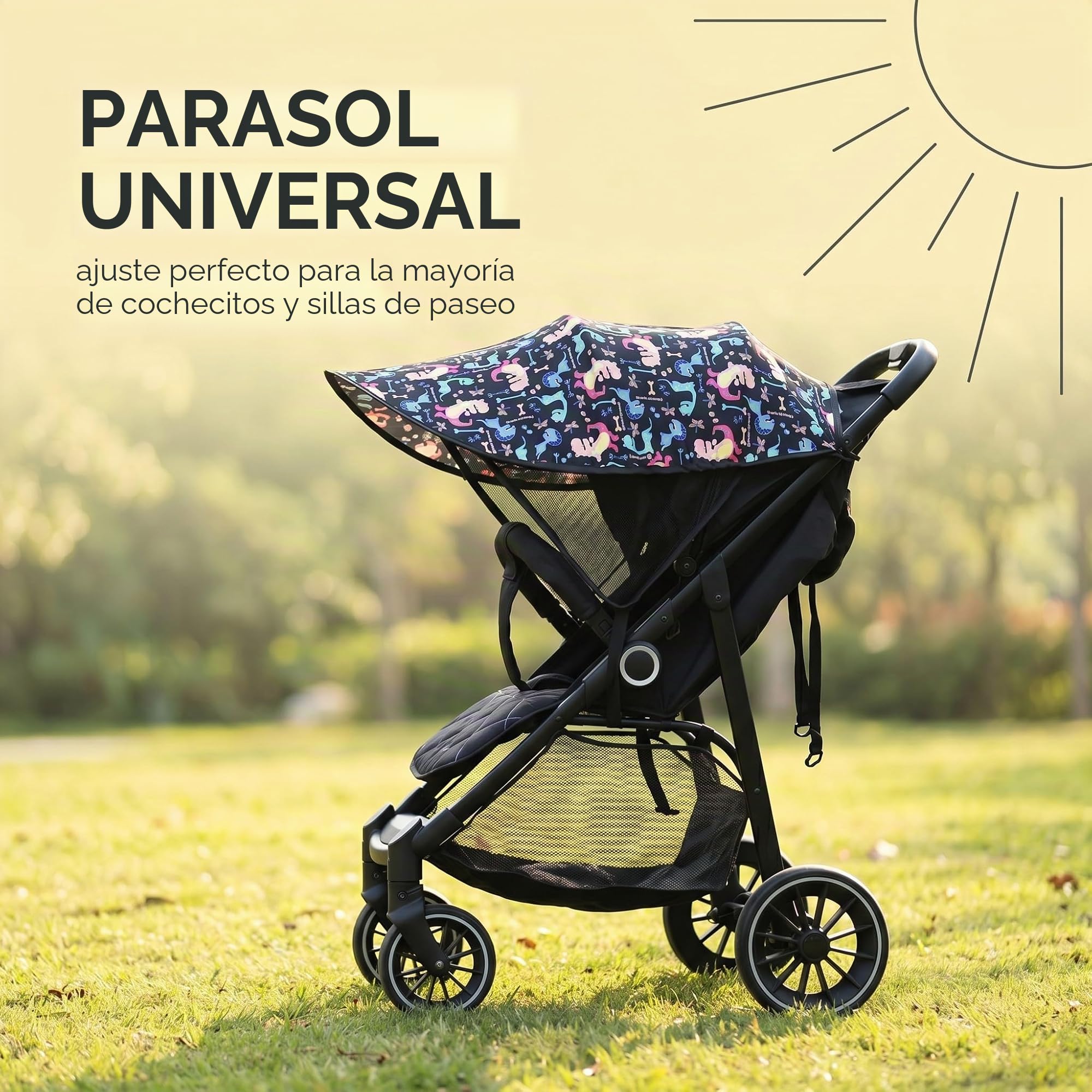 Sombrilla Carrito Bebé Universal Dinosaurios - Parasol Carrito Bebé Impermeable Protección Solar UPF 50+, Sombrilla para Carrito de Bebé Ligero y Transpirable, Accesorio Cochecito Bebé