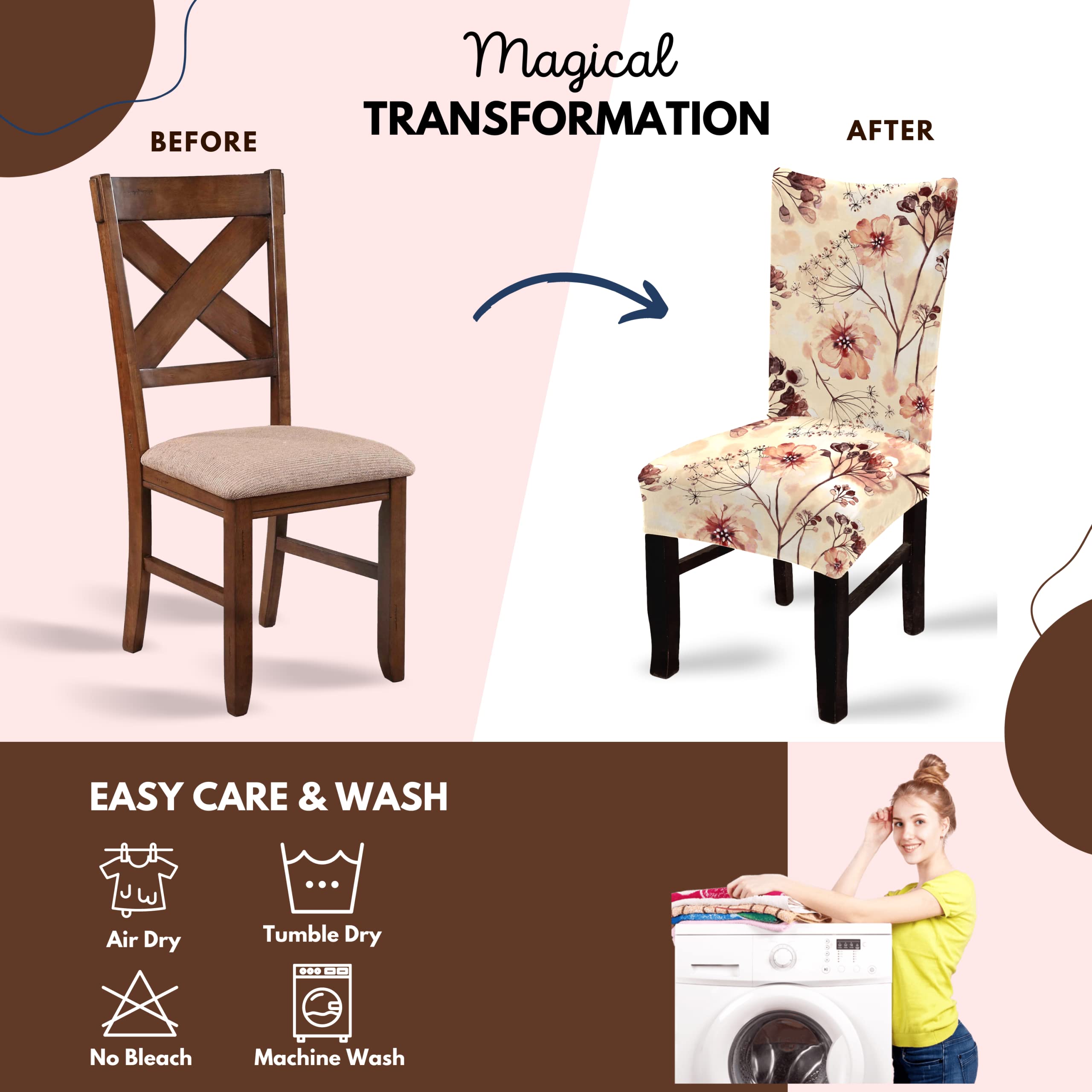 BRIDA® Stretchable Floral Geometric Printed Dining Chair Covers Elastic Chair Seat Case Protector, Slipcovers (4 Chair Cover, Watercolor Leaves) 3